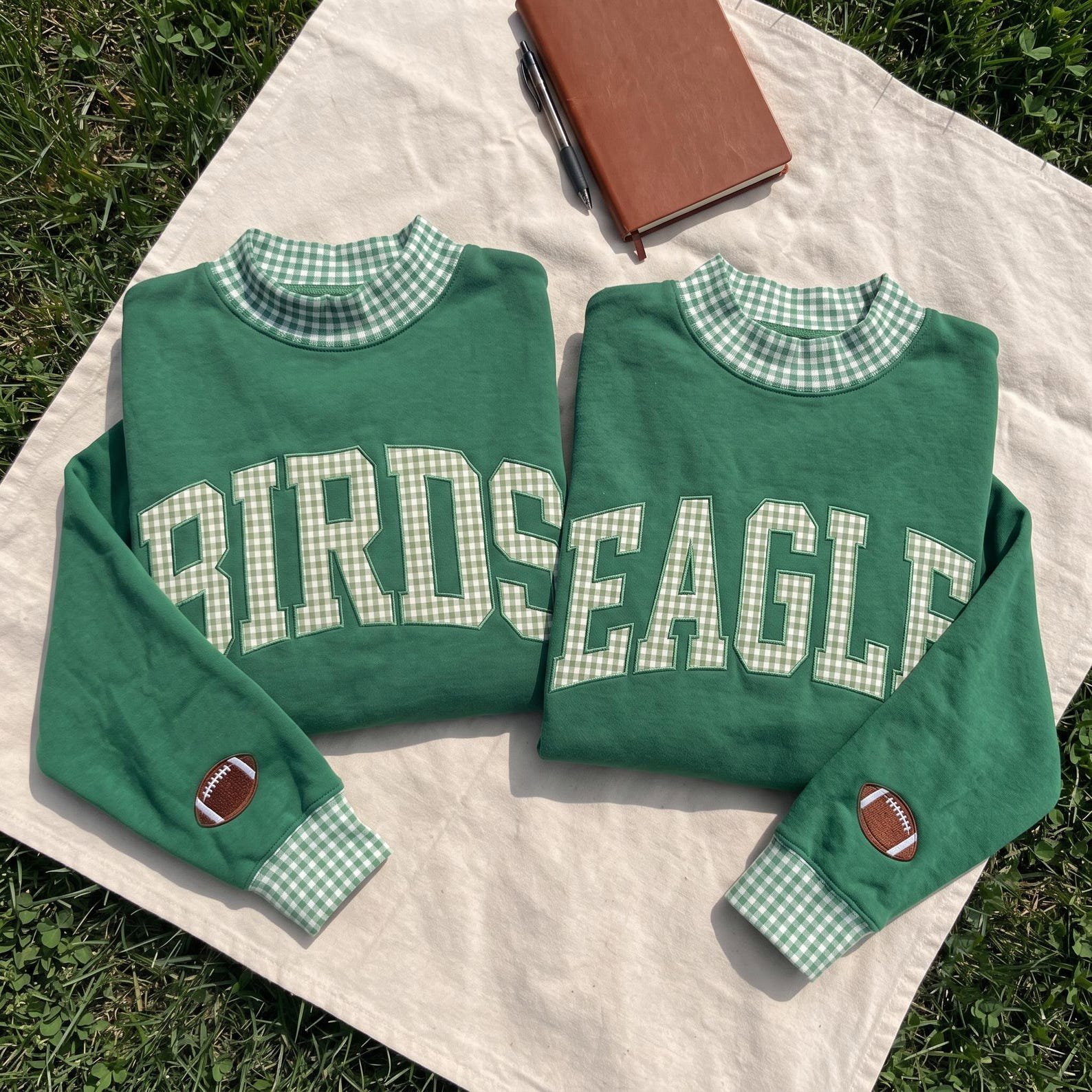 Custom Game Day Gingham Mock neck Sweatshirt, Gingham Team Spirit Apparel, Eagles Tailgate Football Mom Shirt, Football Applique Shirt 1