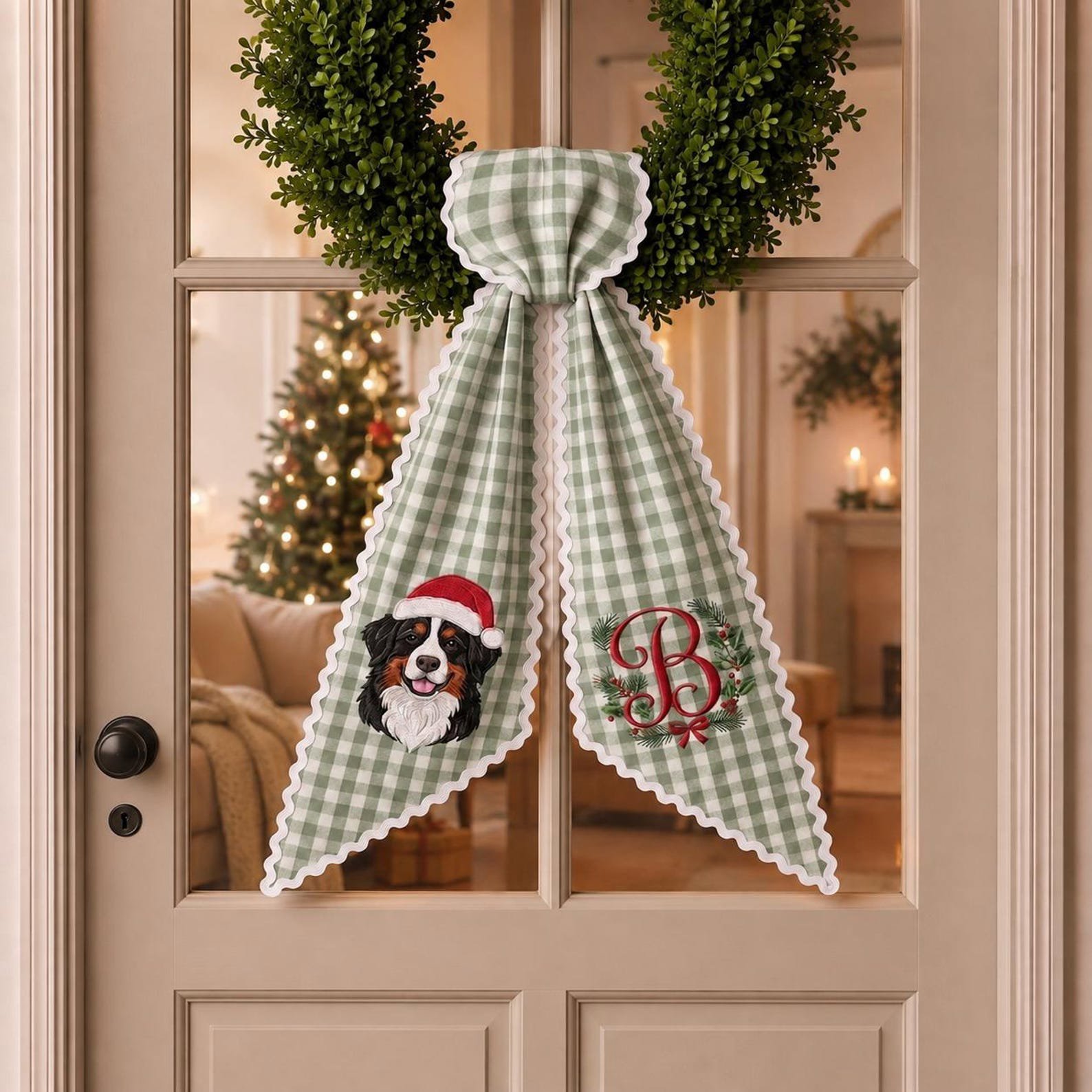 Custom Pet Photo Christmas Door Sash, Pet Portrait Wreath Bow, Dog Photo Monogram Decor, Holiday Front Door Gift, Christmas Pet Keepsake 1
