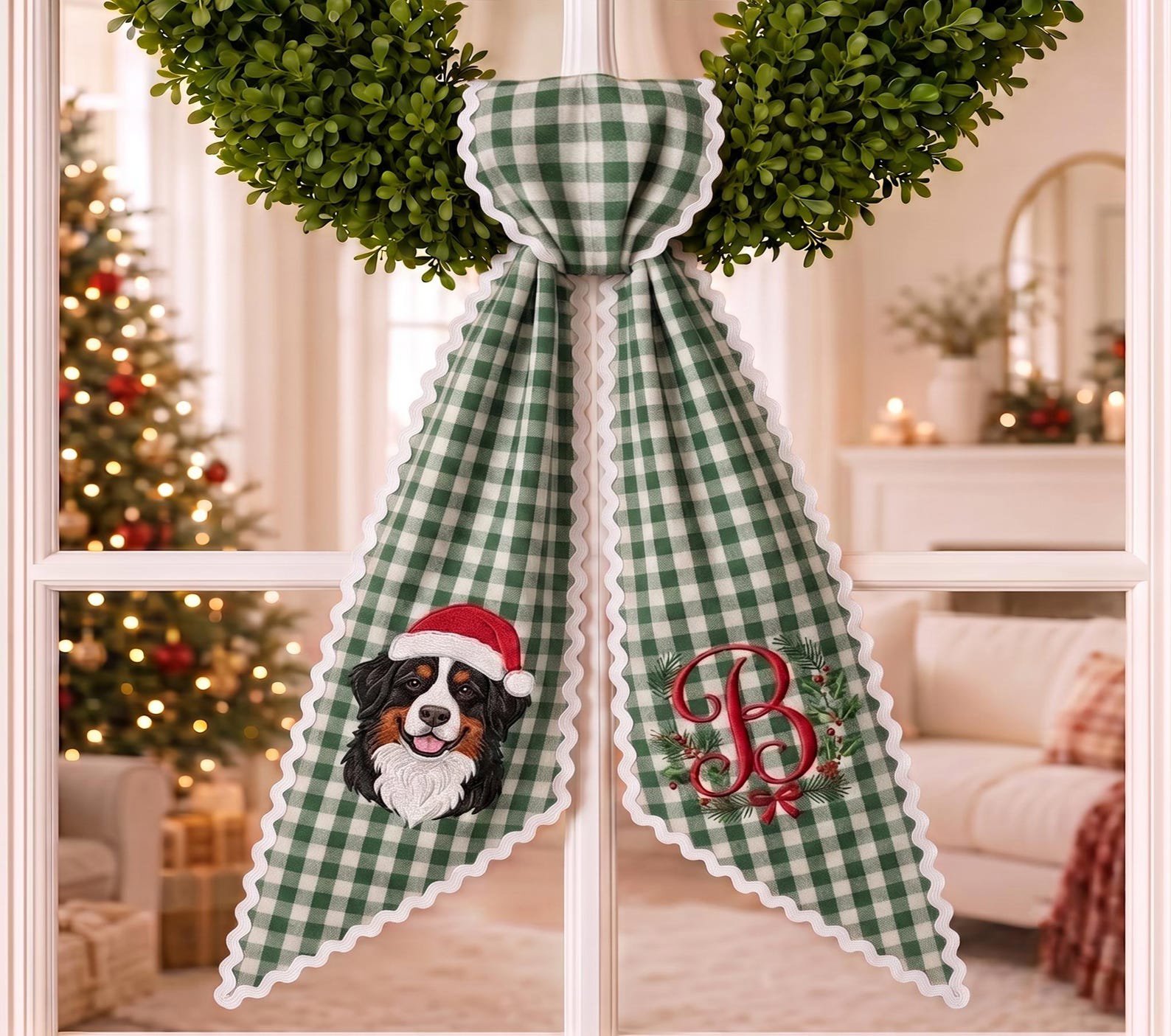 Custom Pet Photo Christmas Door Sash, Pet Portrait Wreath Bow, Dog Photo Monogram Decor, Holiday Front Door Gift, Christmas Pet Keepsake 3