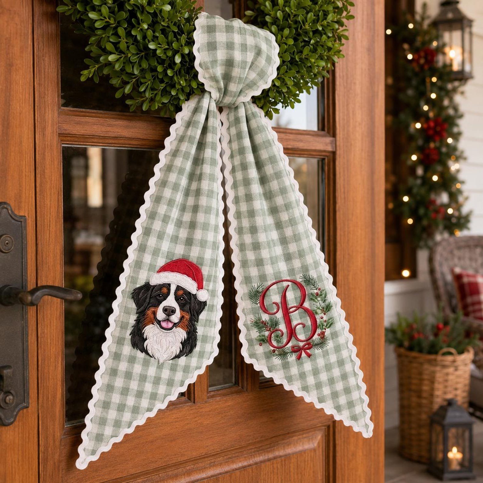 Custom Pet Photo Christmas Door Sash, Pet Portrait Wreath Bow, Dog Photo Monogram Decor, Holiday Front Door Gift, Christmas Pet Keepsake 2