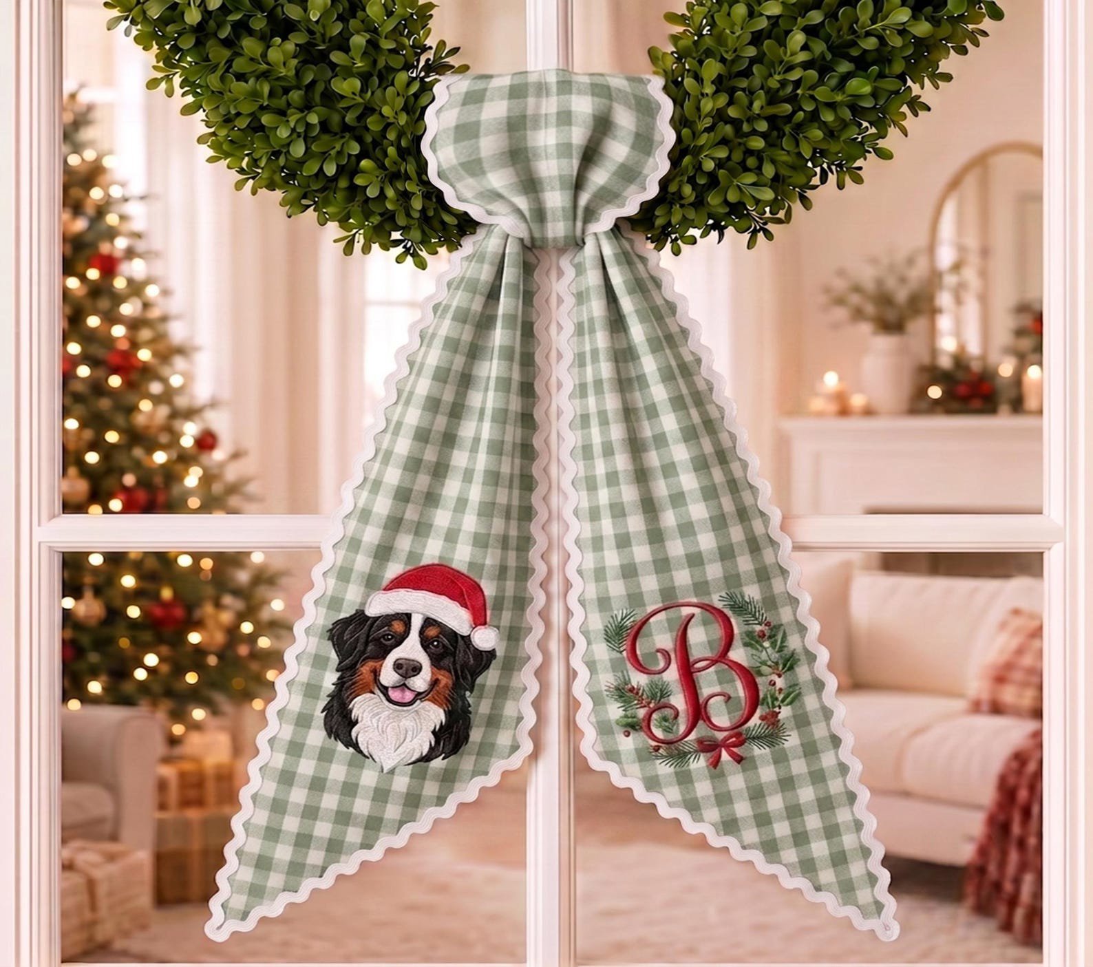 Custom Pet Photo Christmas Door Sash, Pet Portrait Wreath Bow, Dog Photo Monogram Decor, Holiday Front Door Gift, Christmas Pet Keepsake 4