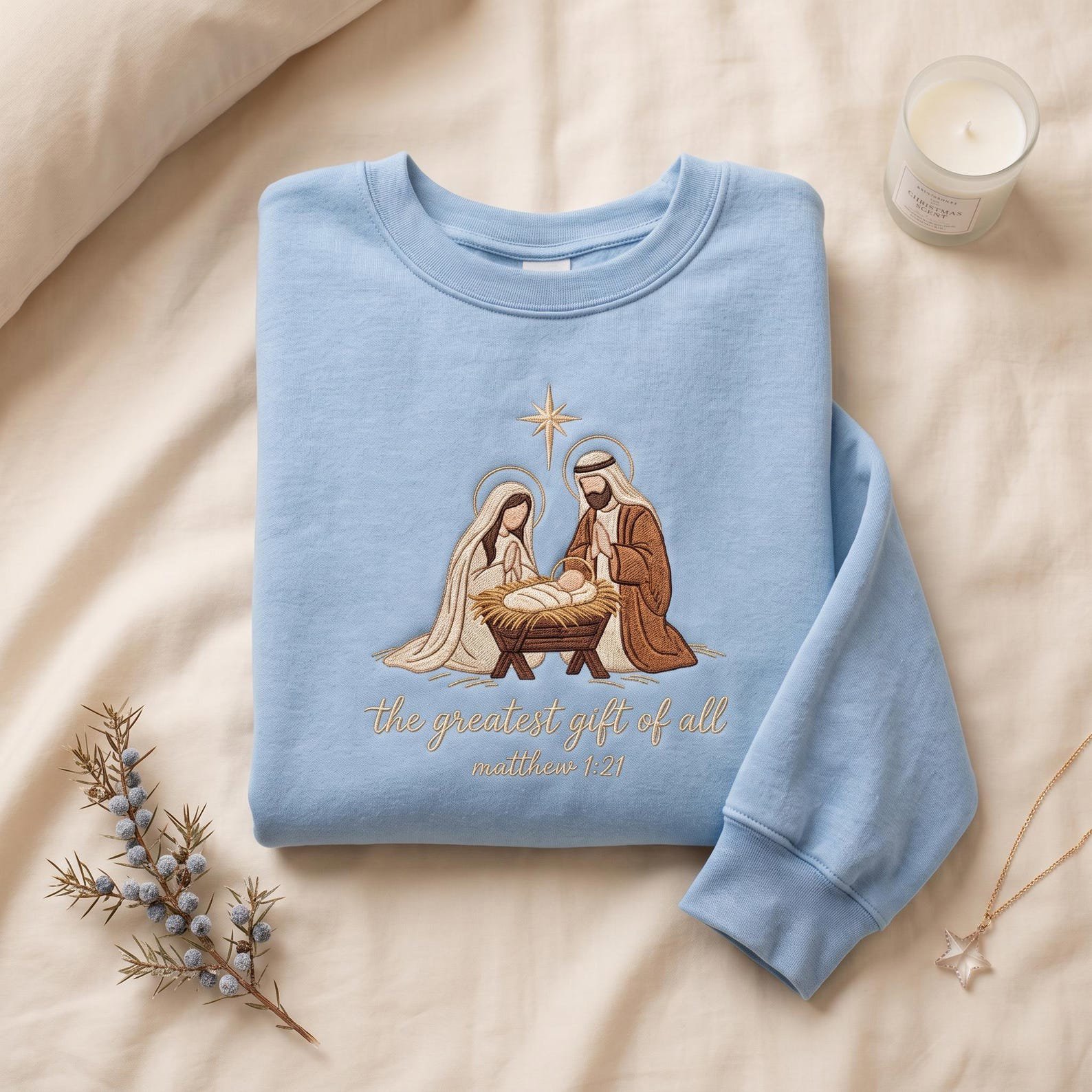 The Greatest Gift of All Embroidered Sweatshirt, Christian Christmas Nativity Crewneck, Jesus Manger Faith Holiday Gift 2