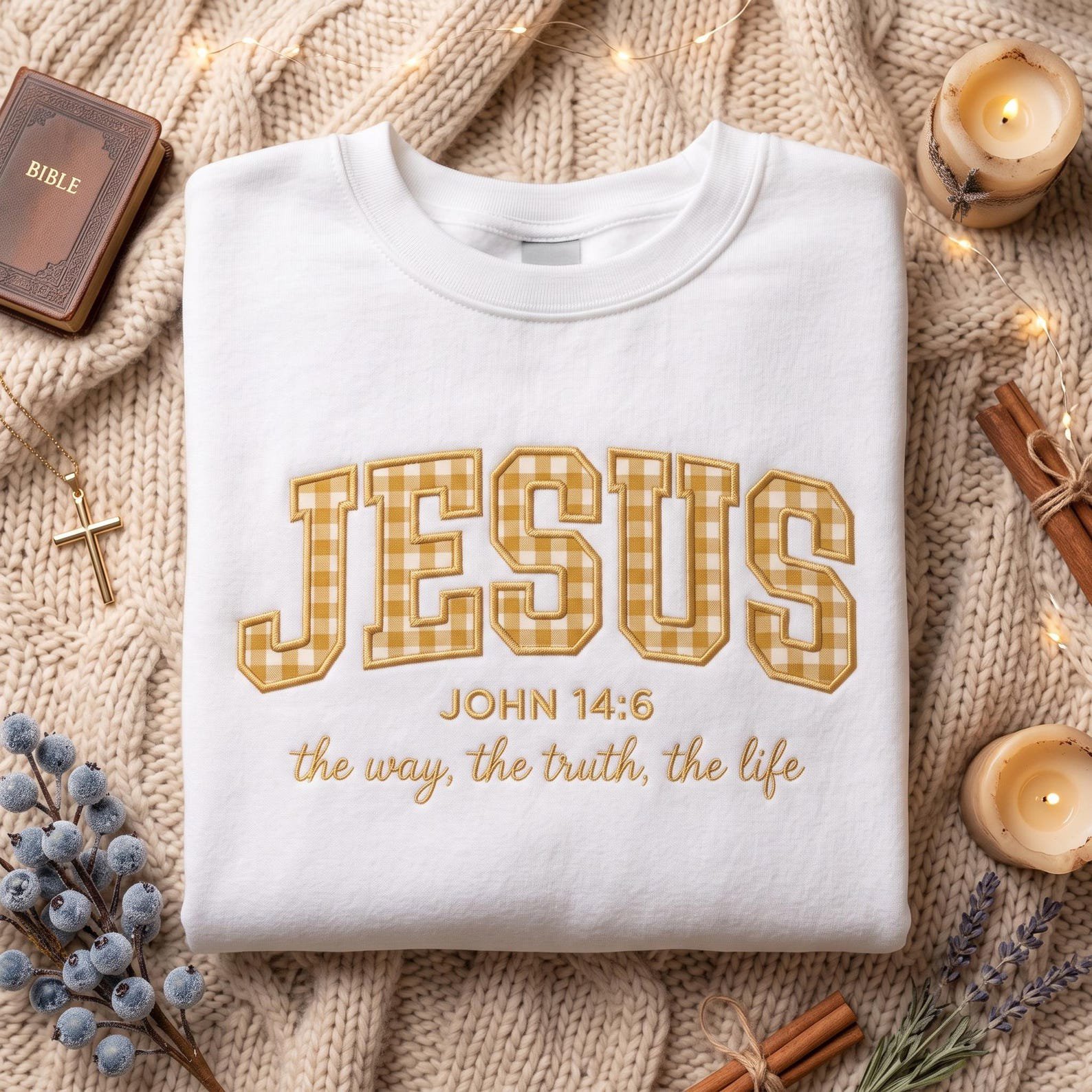 John 14:6 Christian Embroidered Sweatshirt, Jesus The Way Truth Life Crewneck, Gingham Bible Verse Faith Holiday Gift 3