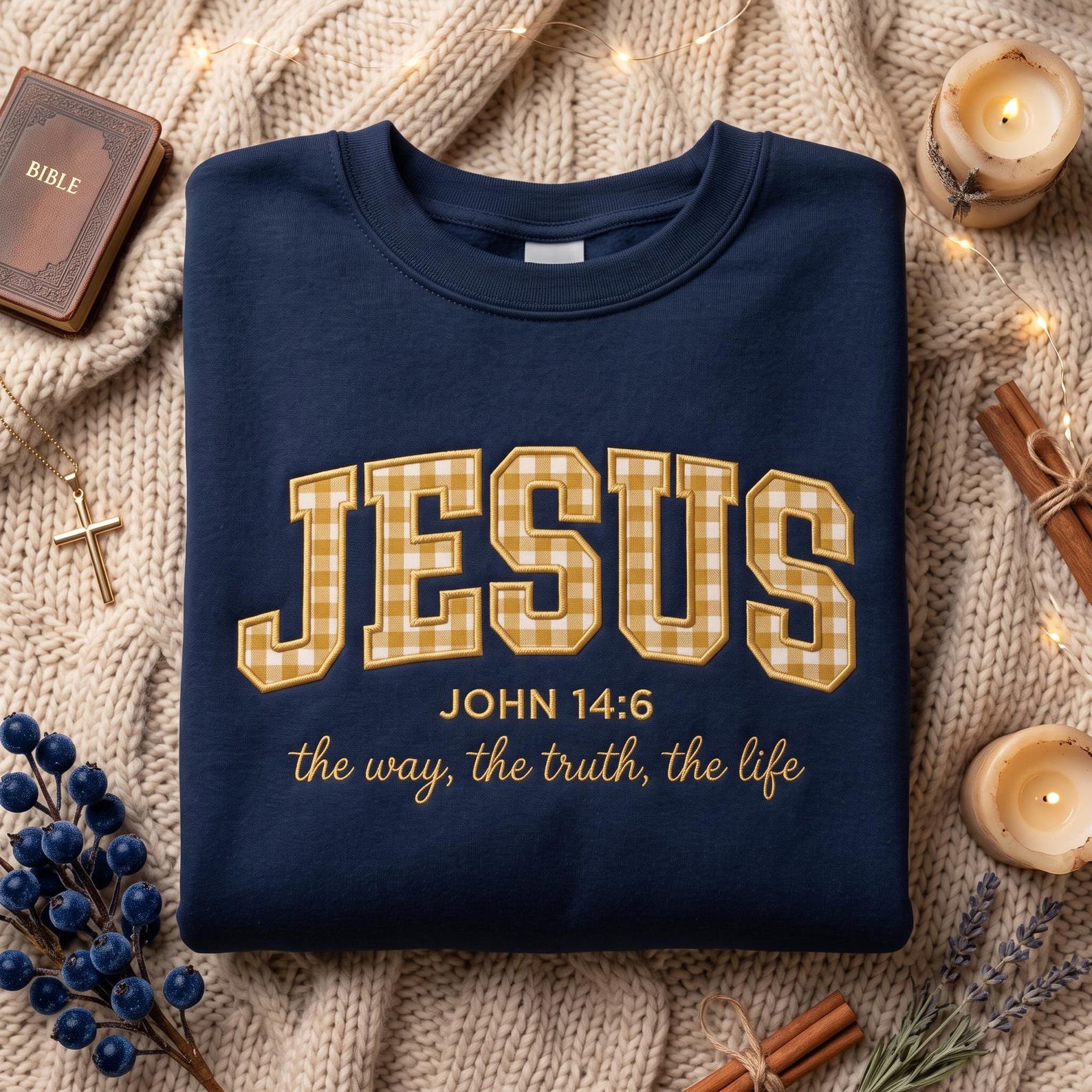 John 14:6 Christian Embroidered Sweatshirt, Jesus The Way Truth Life Crewneck, Gingham Bible Verse Faith Holiday Gift 1