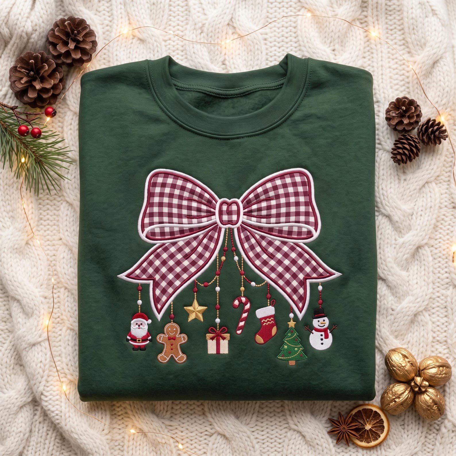 Gingham Christmas Bow Embroidered Sweatshirt, Coquette Holiday Crewneck, Santa Gingerbread Tree Snowman Ornament Sweater Gift 2