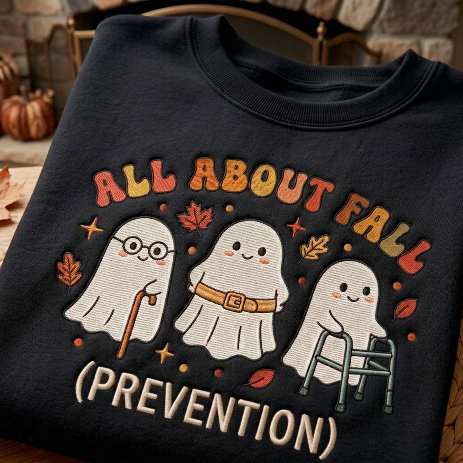 All About Fall Prevention Embroidered Sweatshirt, Funny Senior Ghost Crewneck, Cute Autumn Physical Therapy Shirt, Healthcare Worker Gift 3