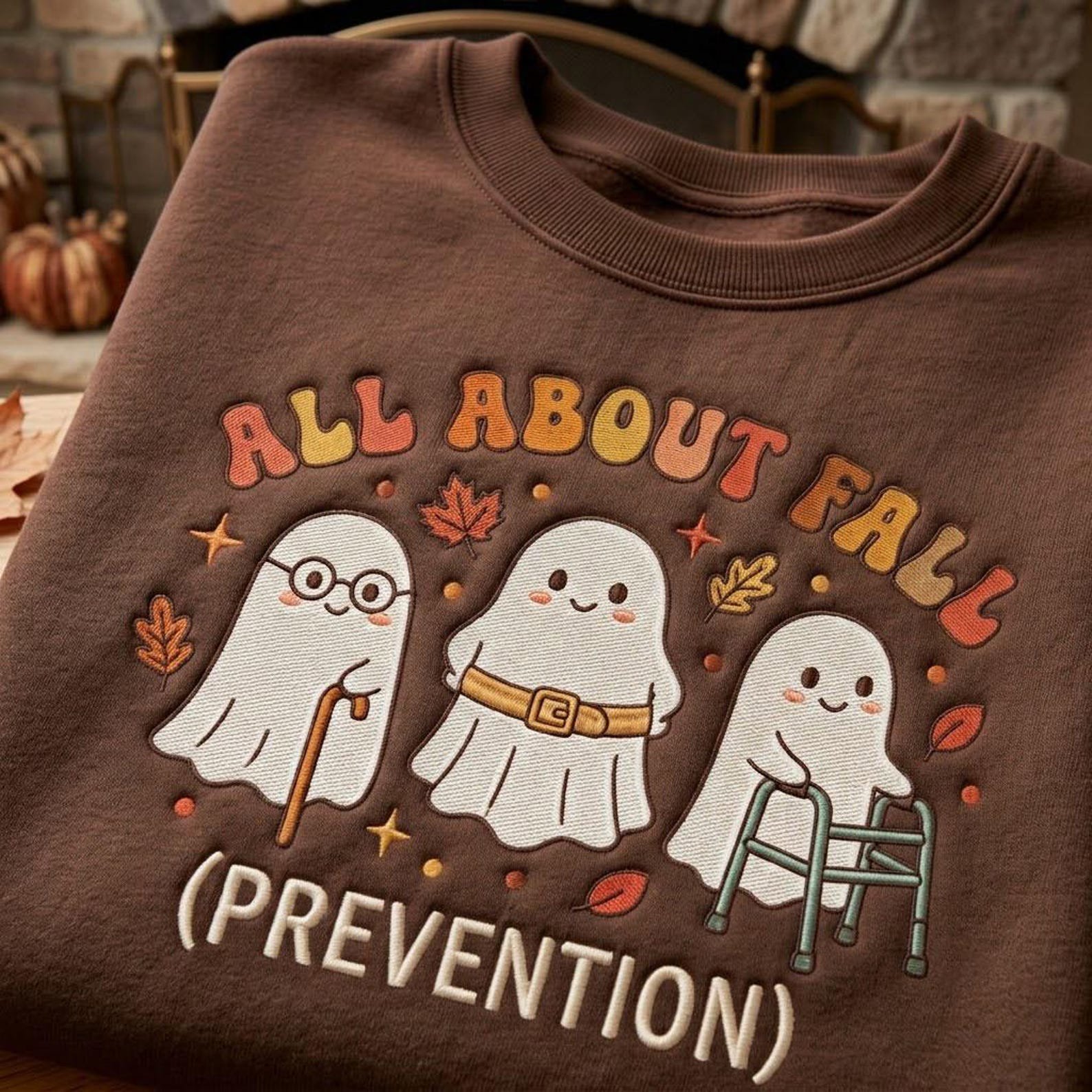 All About Fall Prevention Embroidered Sweatshirt, Funny Senior Ghost Crewneck, Cute Autumn Physical Therapy Shirt, Healthcare Worker Gift 2