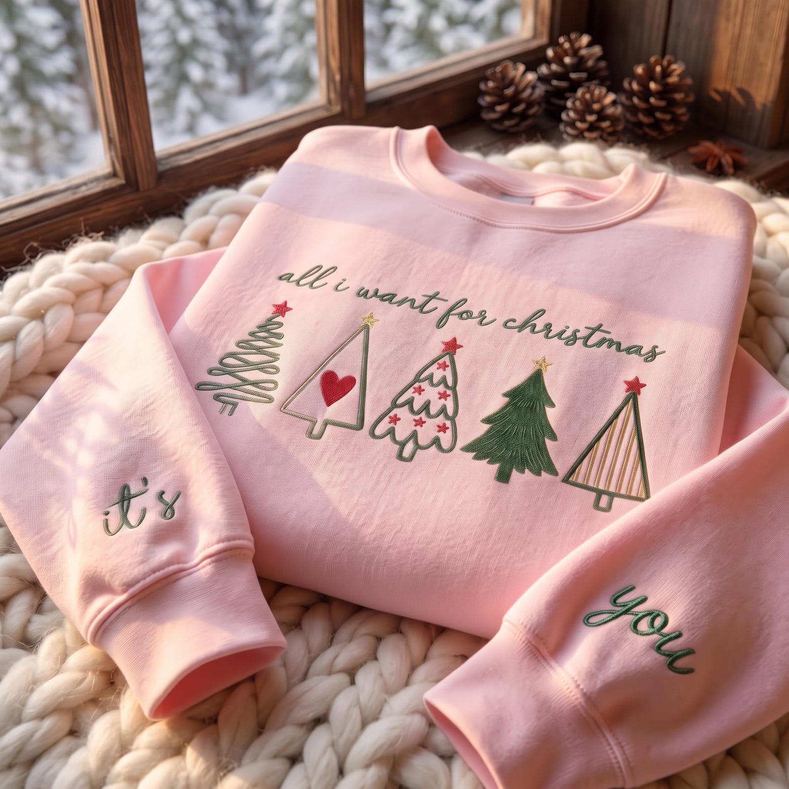 Christmas Tree Embroidered Sweatshirt, All I Want for Christmas Crewneck, Custom Sleeve Name Personalized Holiday Sweater Gift 2