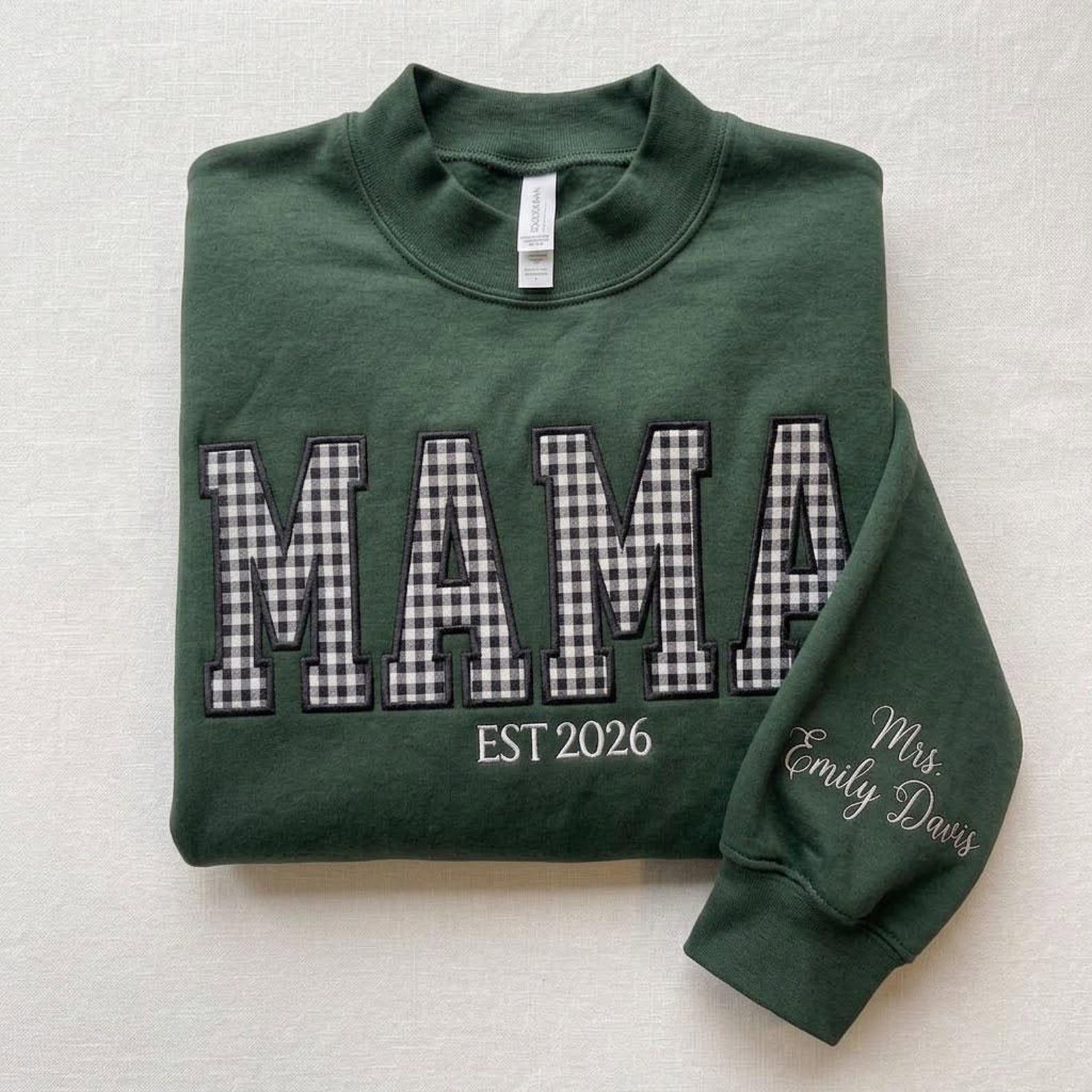 Mama Gingham Applique Sweatshirt, Personalized Kids Names Sleeve Crewneck, Custom Est Year Mom Shirt, Mother's Day Gift 4