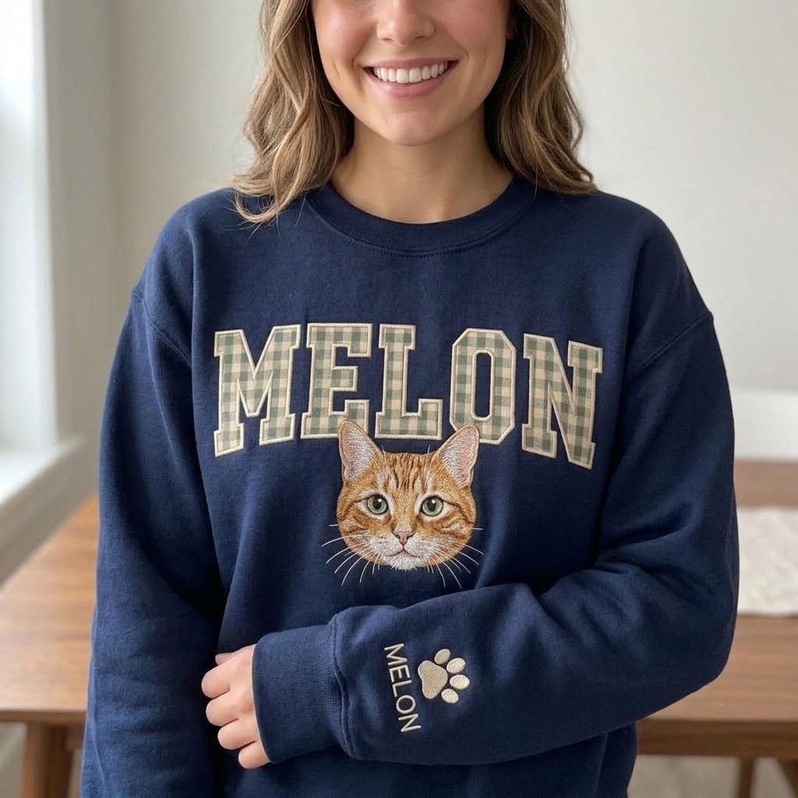 Custom Pet Portrait Embroidered Sweatshirt, Personalized Cat Crewneck, Plaid Applique Name Shirt, Custom Sleeve Pet Lover Gift 2