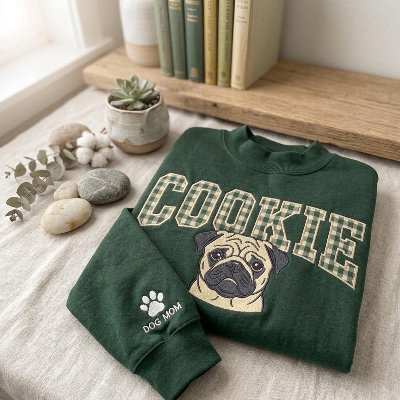 Custom Pet Portrait Embroidered Sweatshirt, Personalized Cat Crewneck, Plaid Applique Name Shirt, Custom Sleeve Pet Lover Gift 3