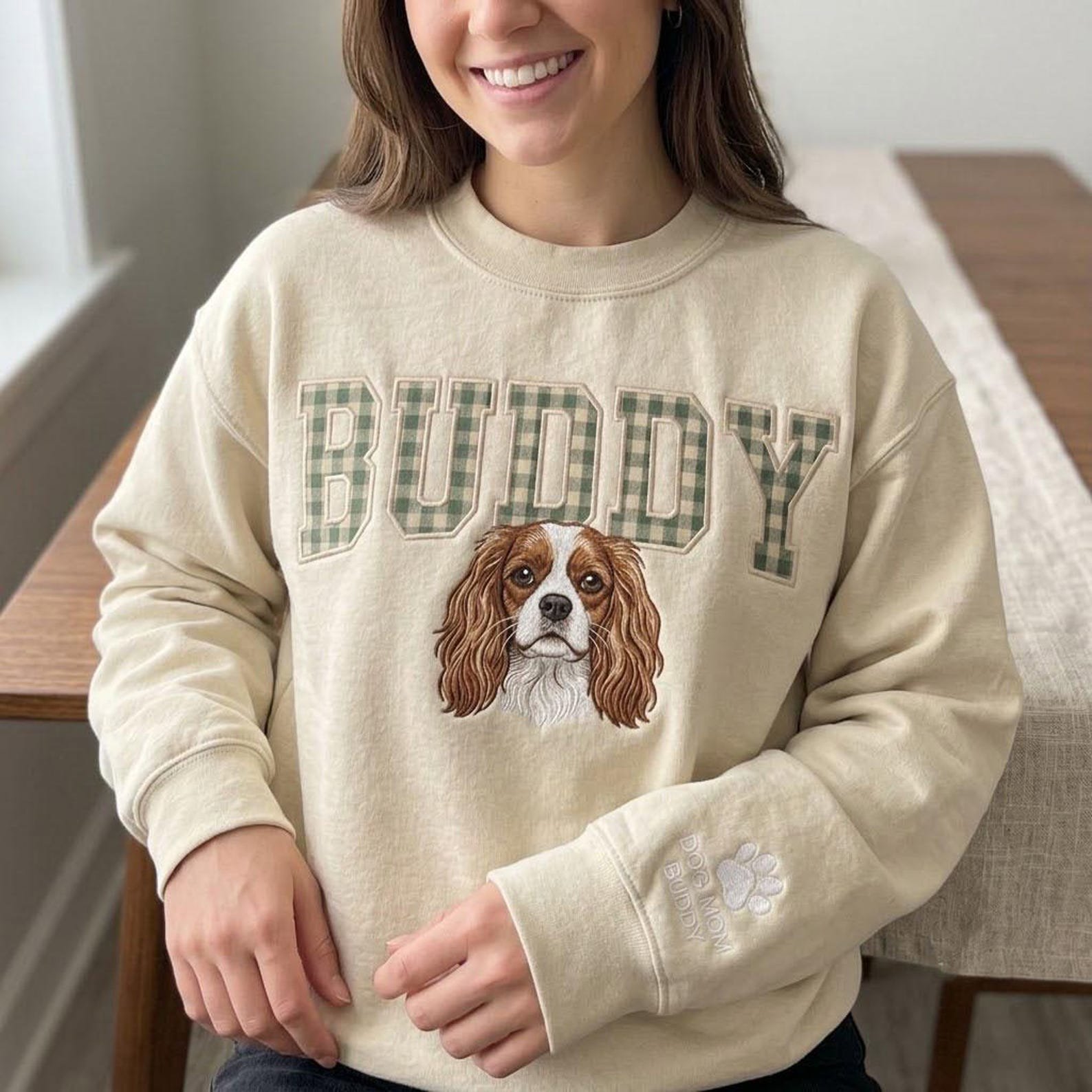 Custom Pet Portrait Embroidered Sweatshirt, Personalized Cat Crewneck, Plaid Applique Name Shirt, Custom Sleeve Pet Lover Gift 1