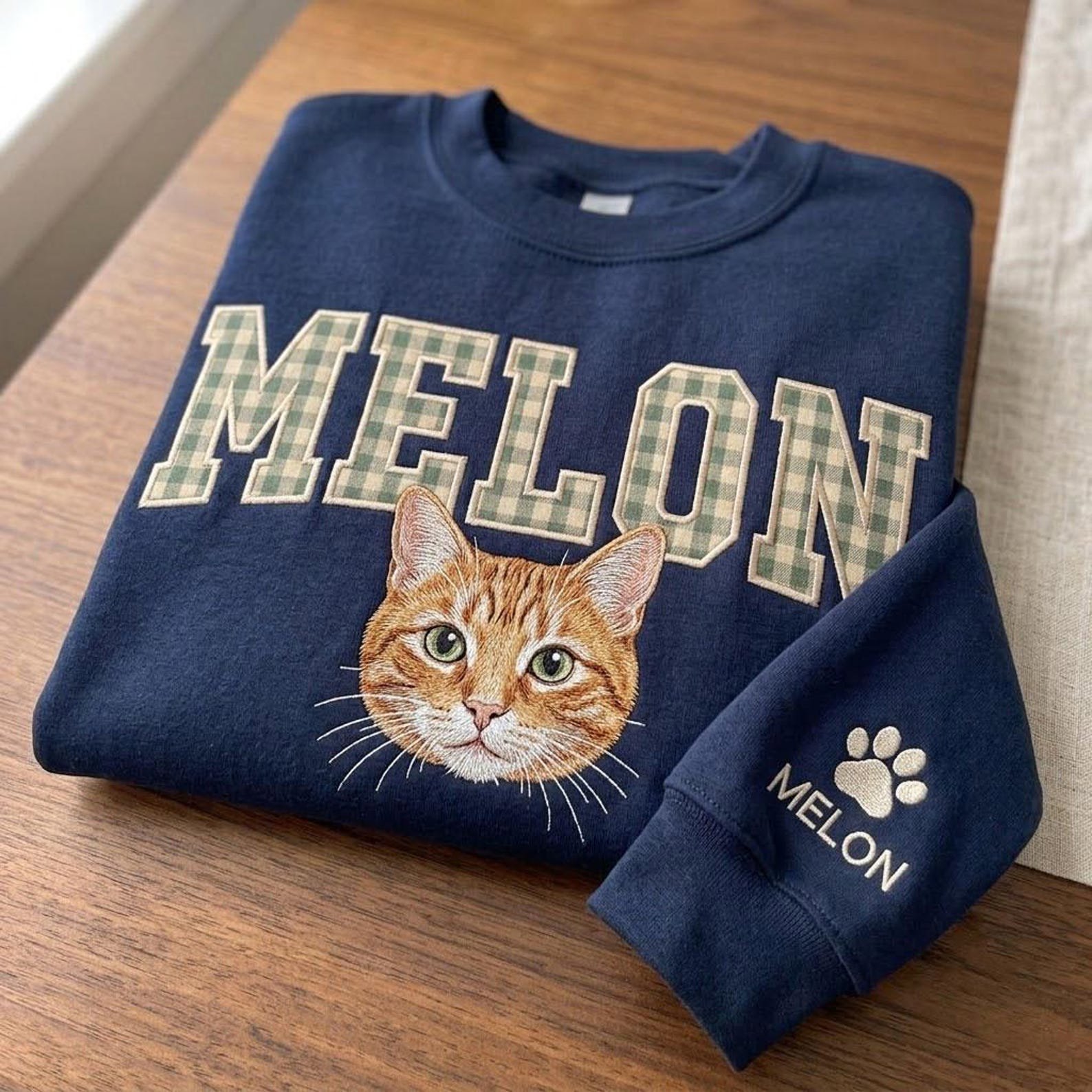 Custom Pet Portrait Embroidered Sweatshirt, Personalized Cat Crewneck, Plaid Applique Name Shirt, Custom Sleeve Pet Lover Gift 4