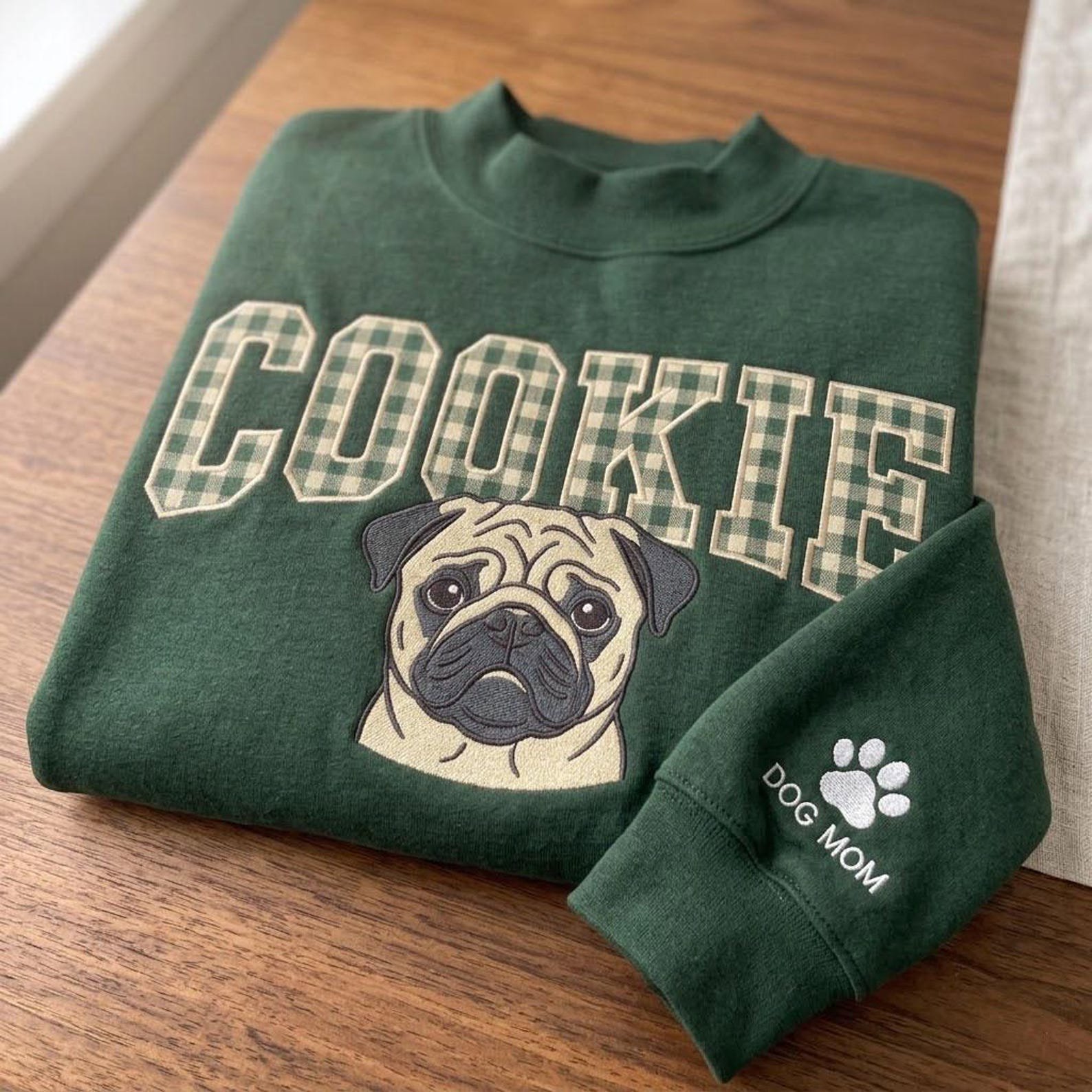 Custom Pet Portrait Embroidered Sweatshirt, Personalized Cat Crewneck, Plaid Applique Name Shirt, Custom Sleeve Pet Lover Gift 5