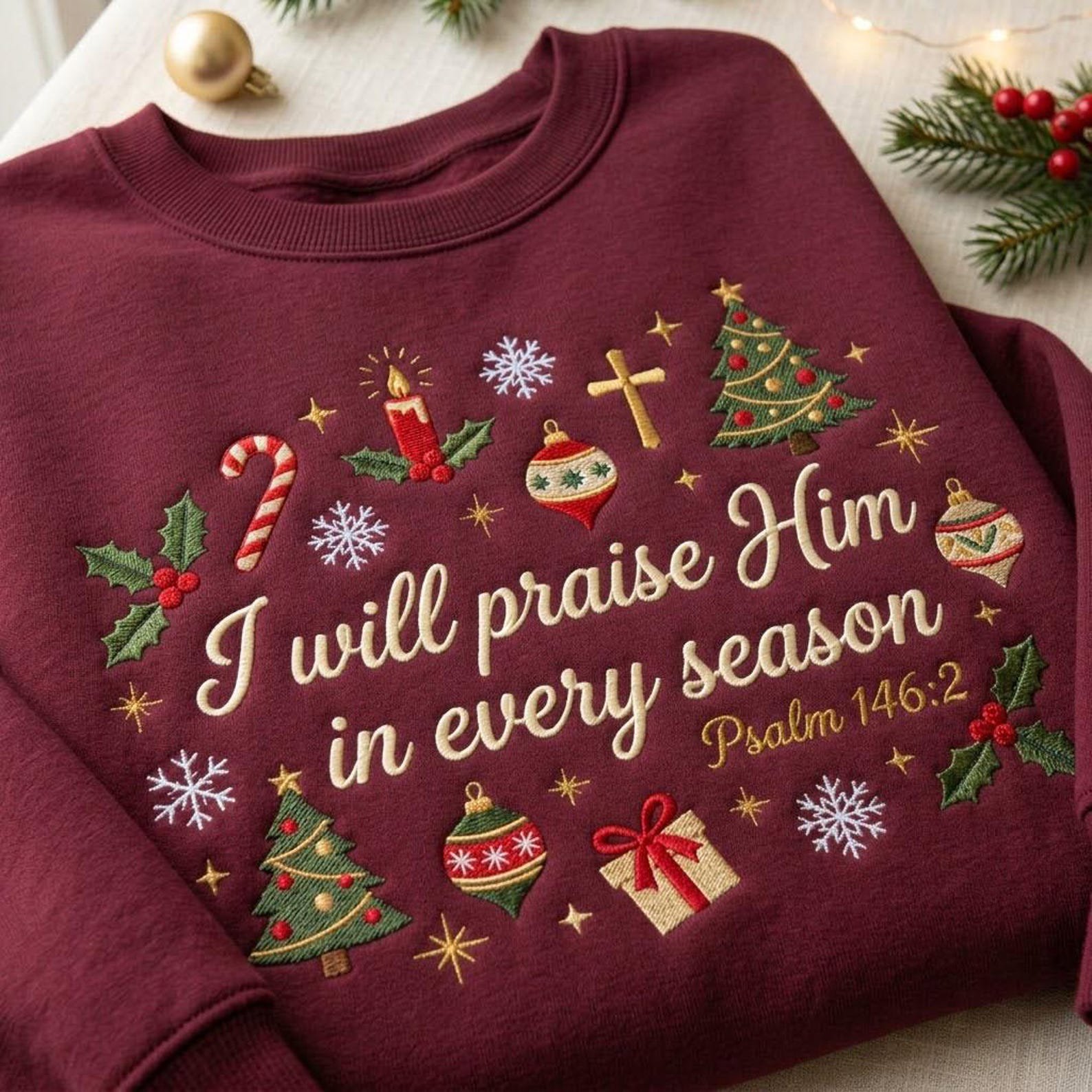 Psalm 146:2 Christmas Embroidered Sweatshirt, I Will Praise Him Christian Crewneck, Holiday Bible Verse Scripture Faith Sweater Gift 3