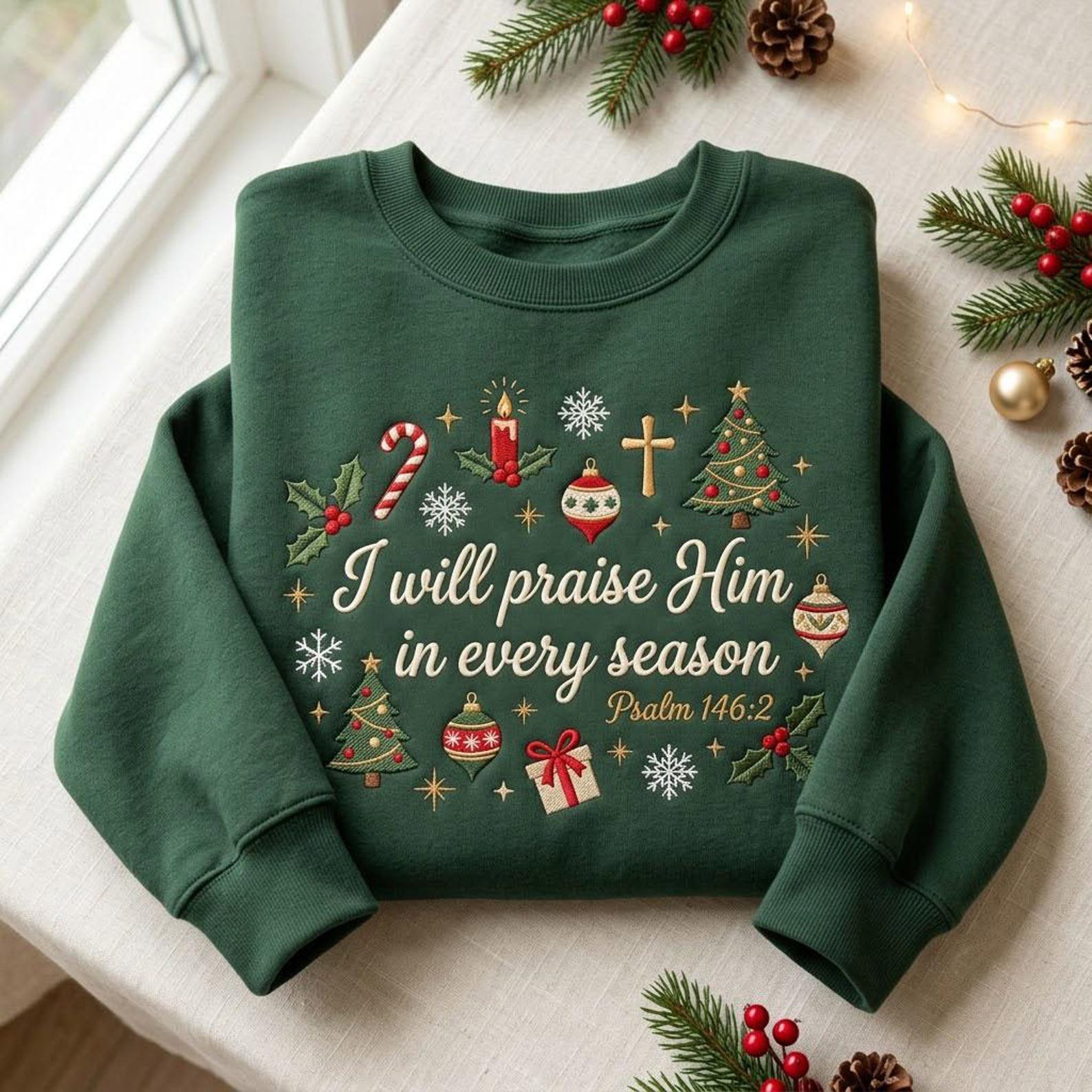 Psalm 146:2 Christmas Embroidered Sweatshirt, I Will Praise Him Christian Crewneck, Holiday Bible Verse Scripture Faith Sweater Gift 4