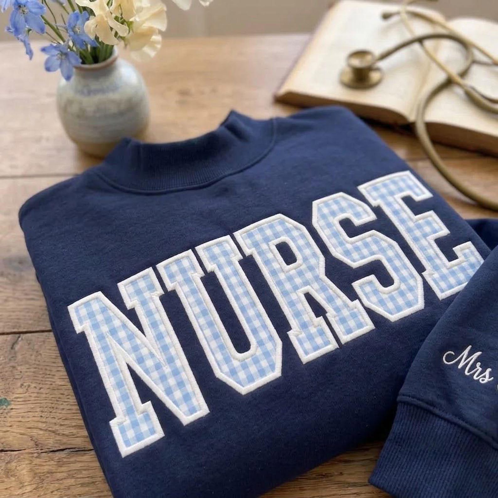 Personalized Nurse Mock Neck Sweatshirt, Gingham Applique Crewneck, Custom Sleeve Name Pullover, Cute Nurse Gift 1