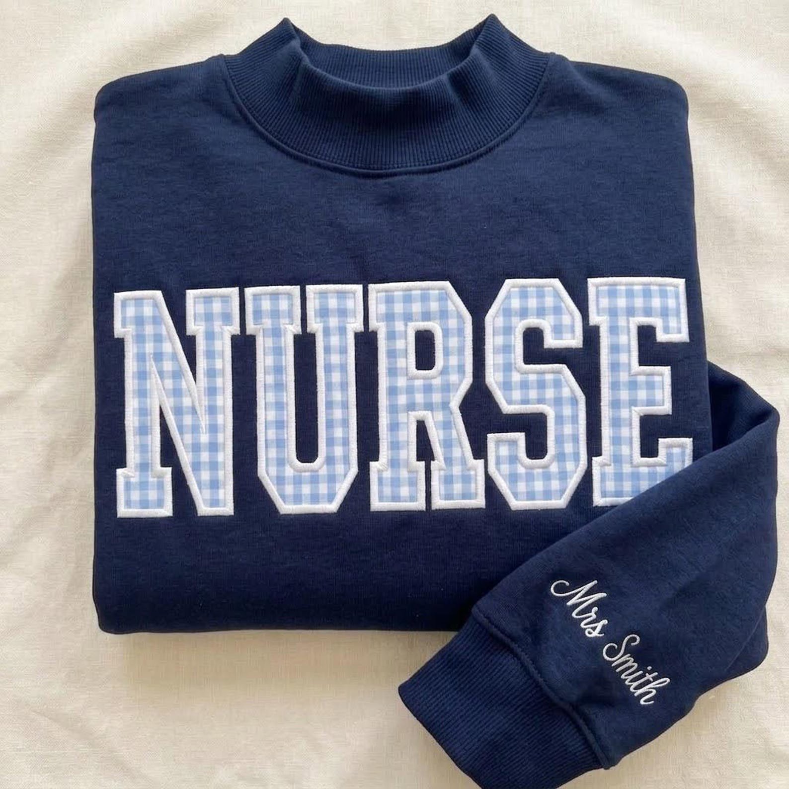 Personalized Nurse Mock Neck Sweatshirt, Gingham Applique Crewneck, Custom Sleeve Name Pullover, Cute Nurse Gift 2