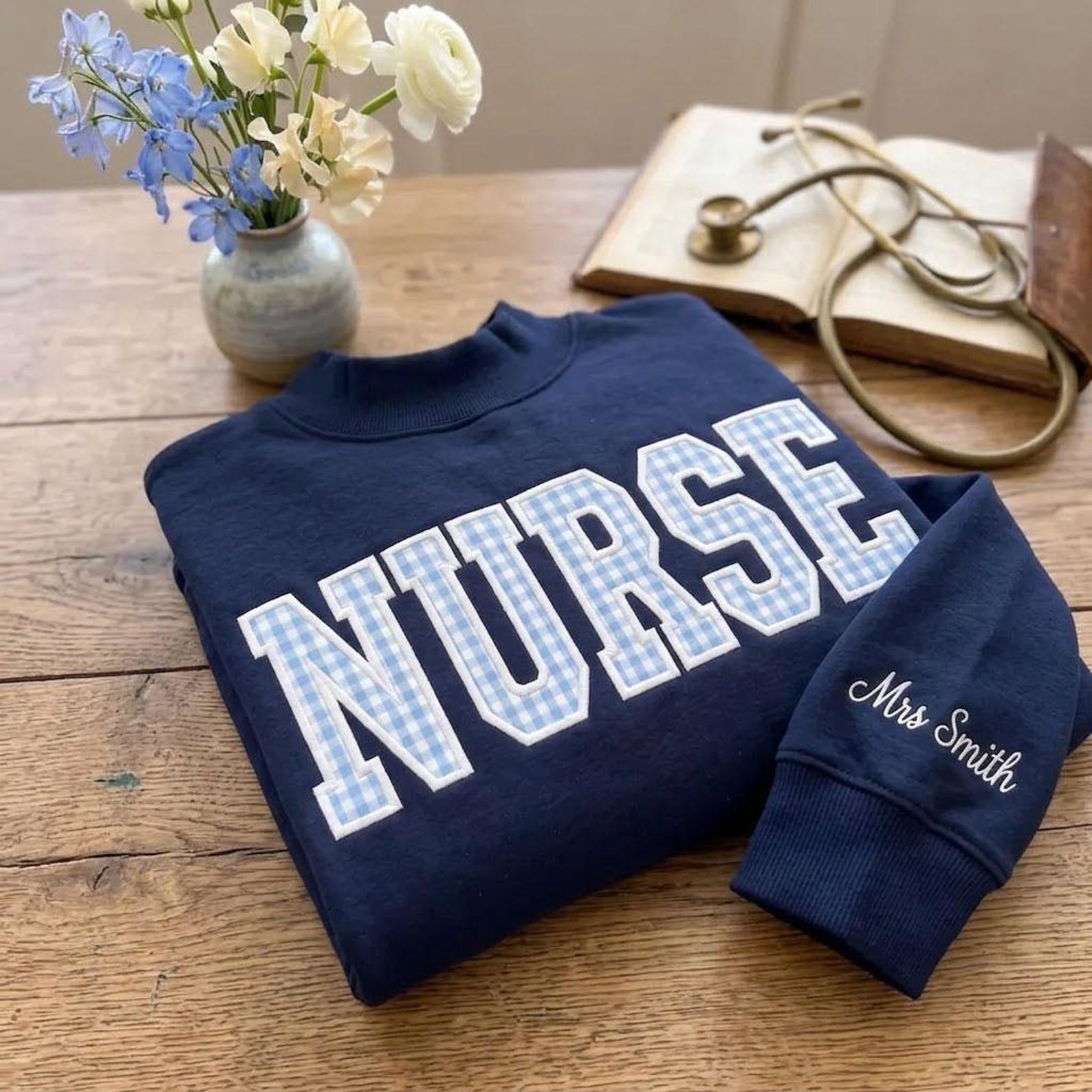 Personalized Nurse Mock Neck Sweatshirt, Gingham Applique Crewneck, Custom Sleeve Name Pullover, Cute Nurse Gift 3