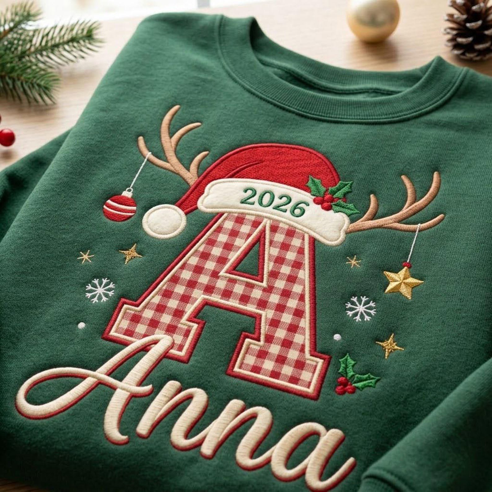Personalized Christmas Applique Sweatshirt, Custom Gingham Initial Name Crewneck, Santa Hat Reindeer Holiday Embroidered Gift 2