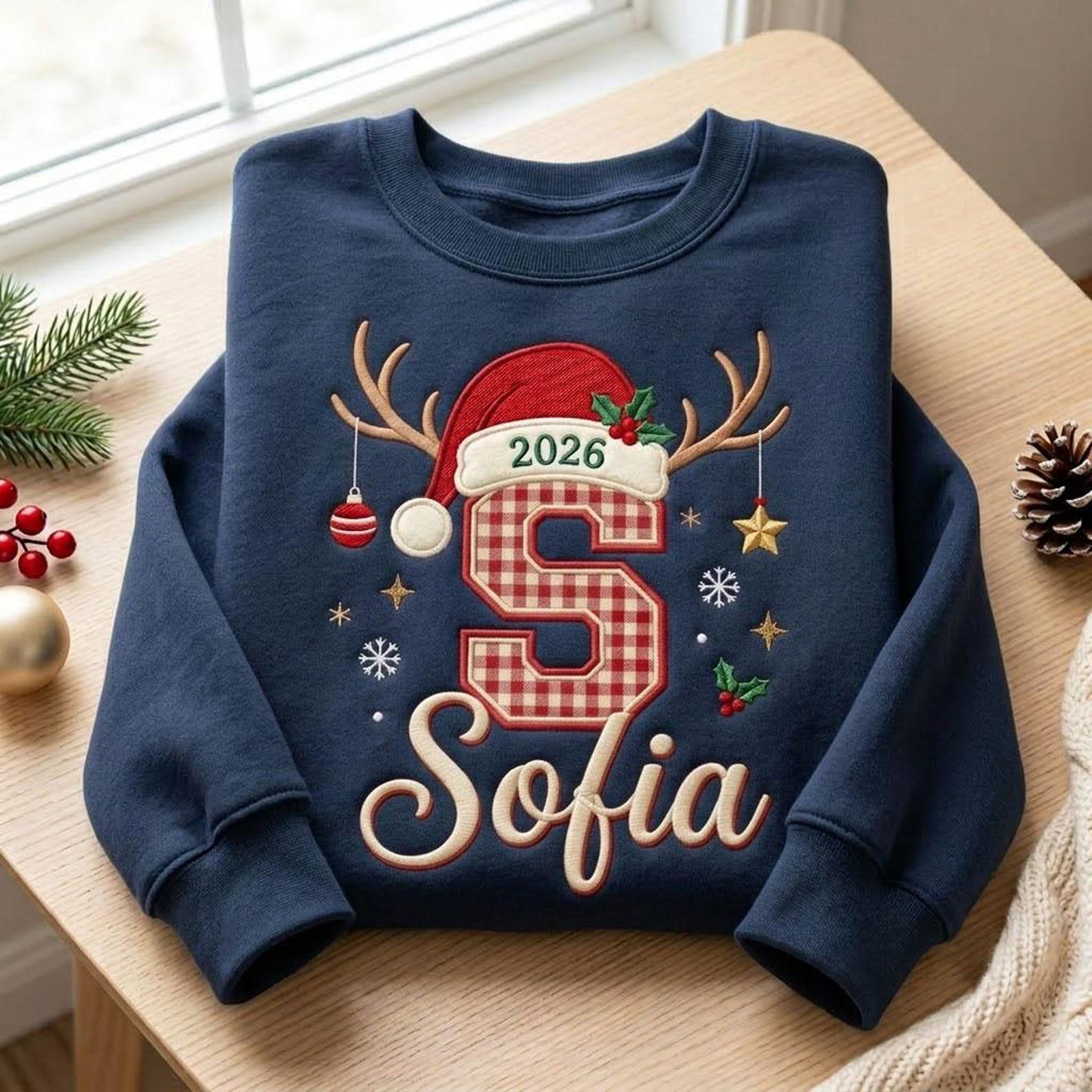 Personalized Christmas Applique Sweatshirt, Custom Gingham Initial Name Crewneck, Santa Hat Reindeer Holiday Embroidered Gift 4