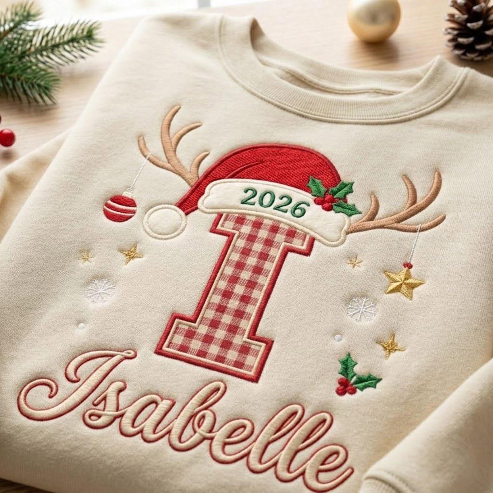 Personalized Christmas Applique Sweatshirt, Custom Gingham Initial Name Crewneck, Santa Hat Reindeer Holiday Embroidered Gift 5