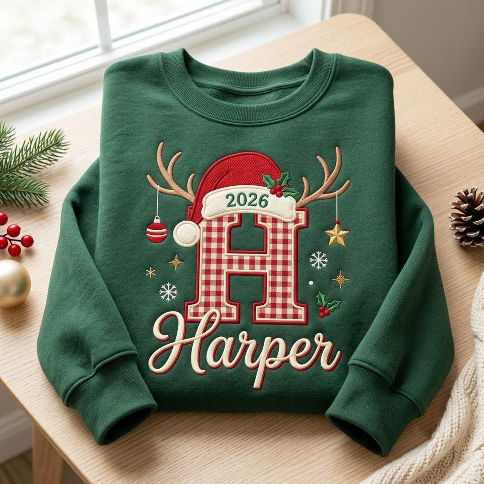 Personalized Christmas Applique Sweatshirt, Custom Gingham Initial Name Crewneck, Santa Hat Reindeer Holiday Embroidered Gift 6