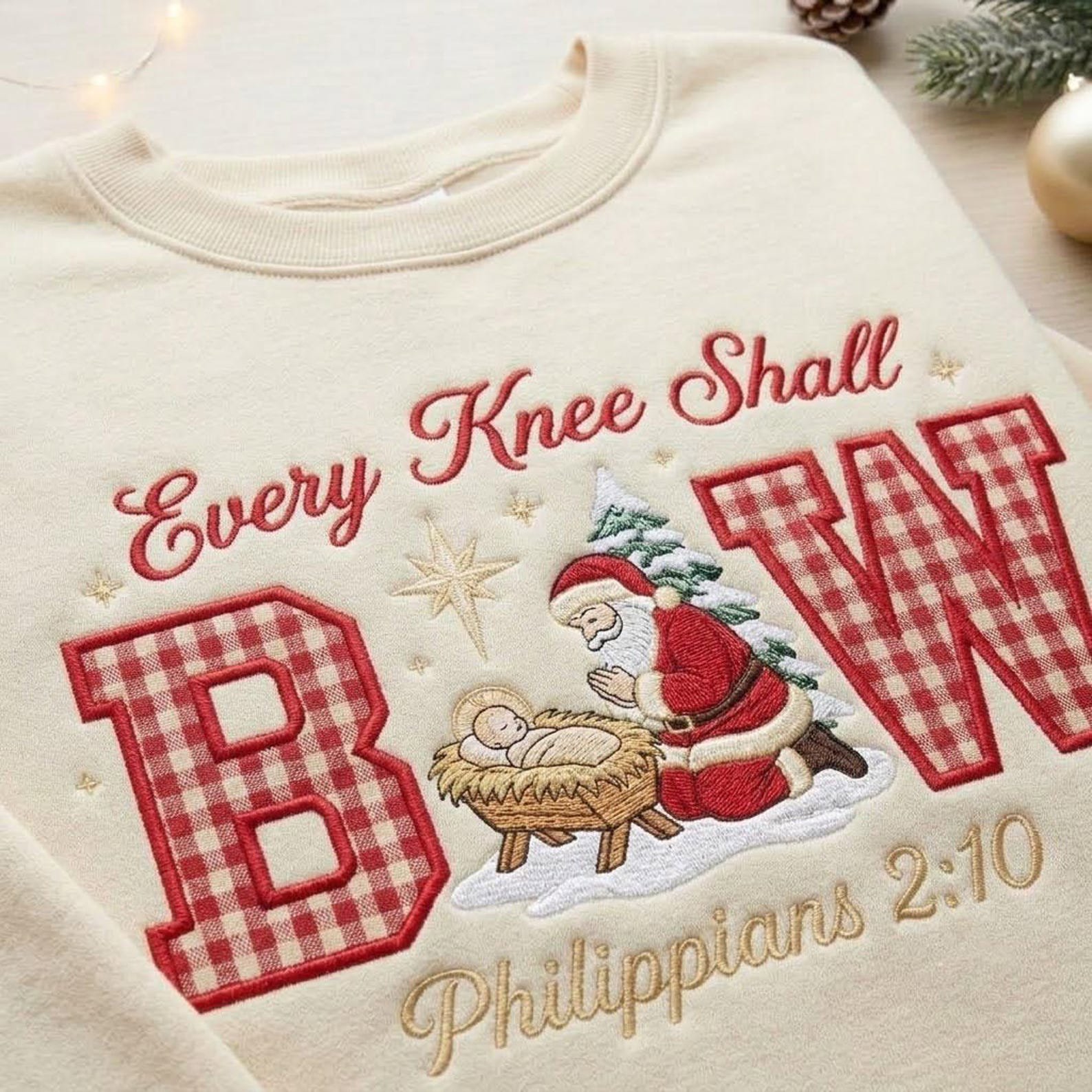 Philippians 2:10 Embroidered Sweatshirt, Every Knee Shall Bow Nativity Crewneck Aplique, Jesus Christmas Christian Scripture Faith Gift 1
