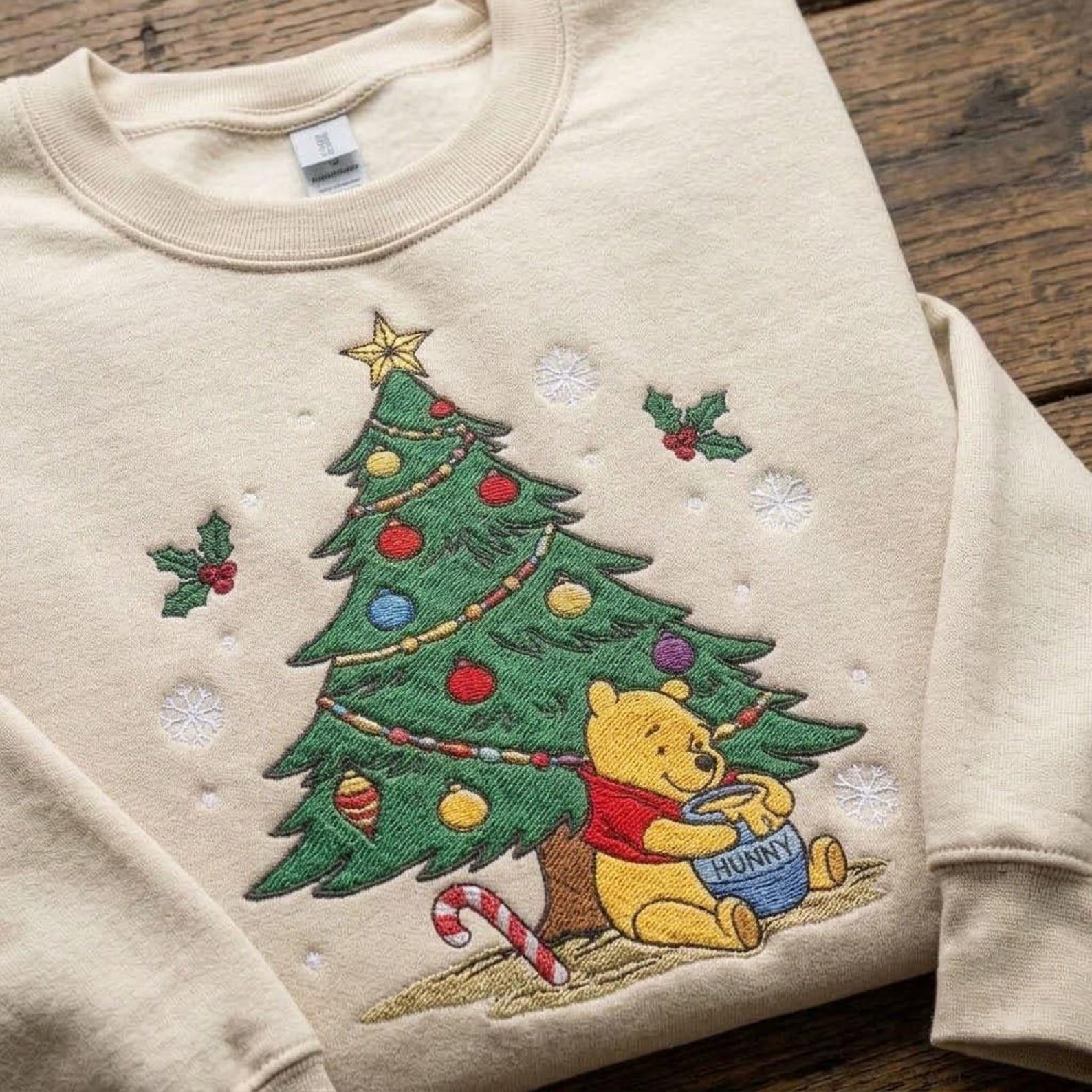 Winnie the Pooh Christmas Sweatshirt, Embroidered Pooh Bear Tree Crewneck, Hunny Pot Holiday Sweater Cozy Christmas Gift 2