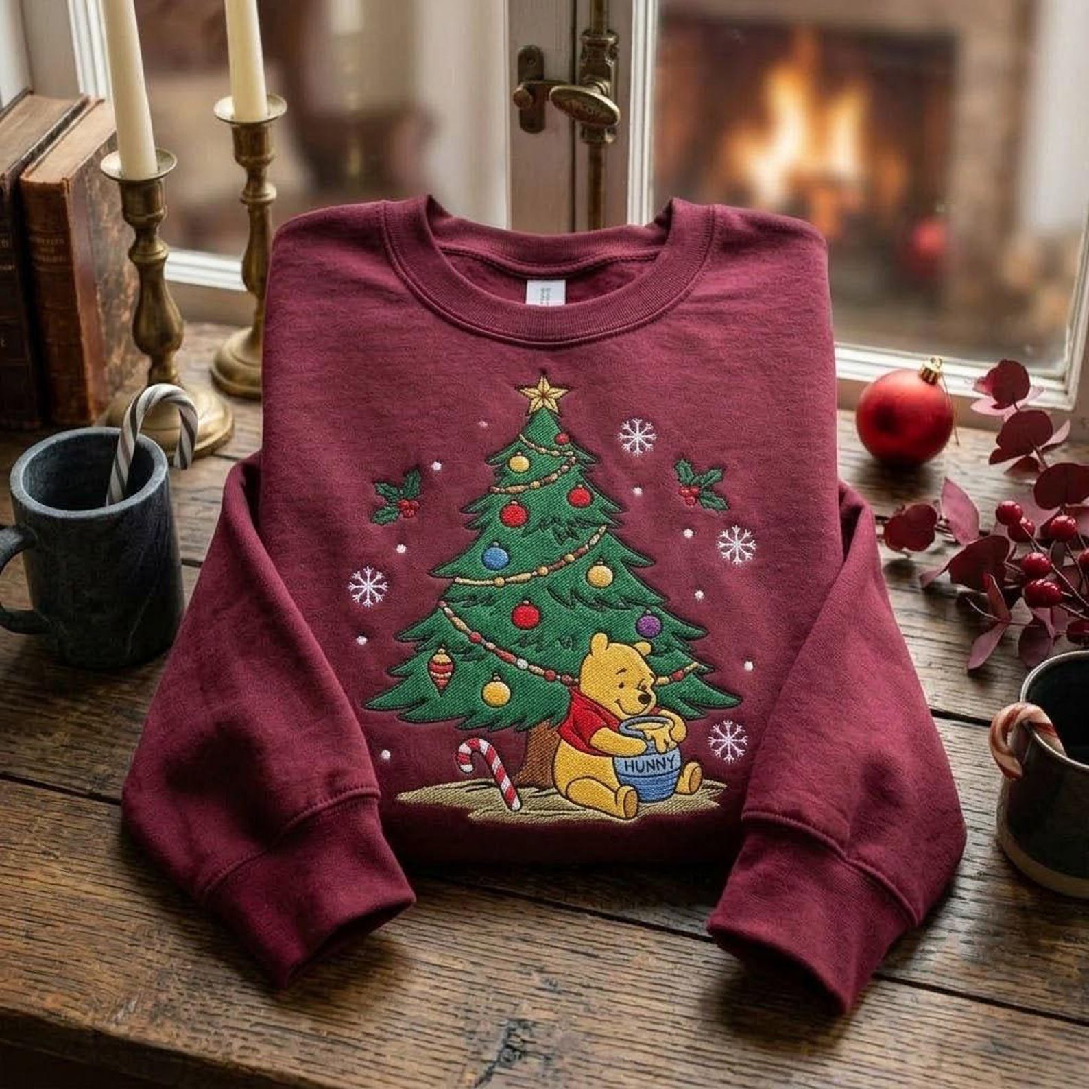 Winnie the Pooh Christmas Sweatshirt, Embroidered Pooh Bear Tree Crewneck, Hunny Pot Holiday Sweater Cozy Christmas Gift 1