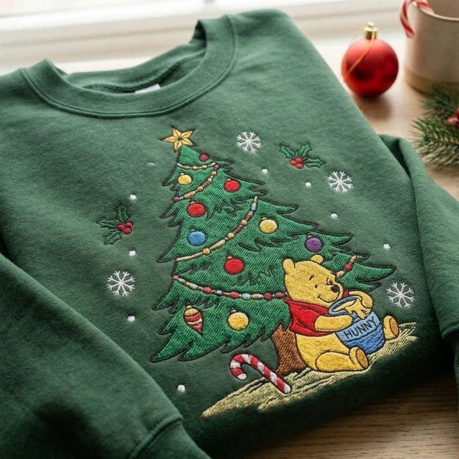 Winnie the Pooh Christmas Sweatshirt, Embroidered Pooh Bear Tree Crewneck, Hunny Pot Holiday Sweater Cozy Christmas Gift 3