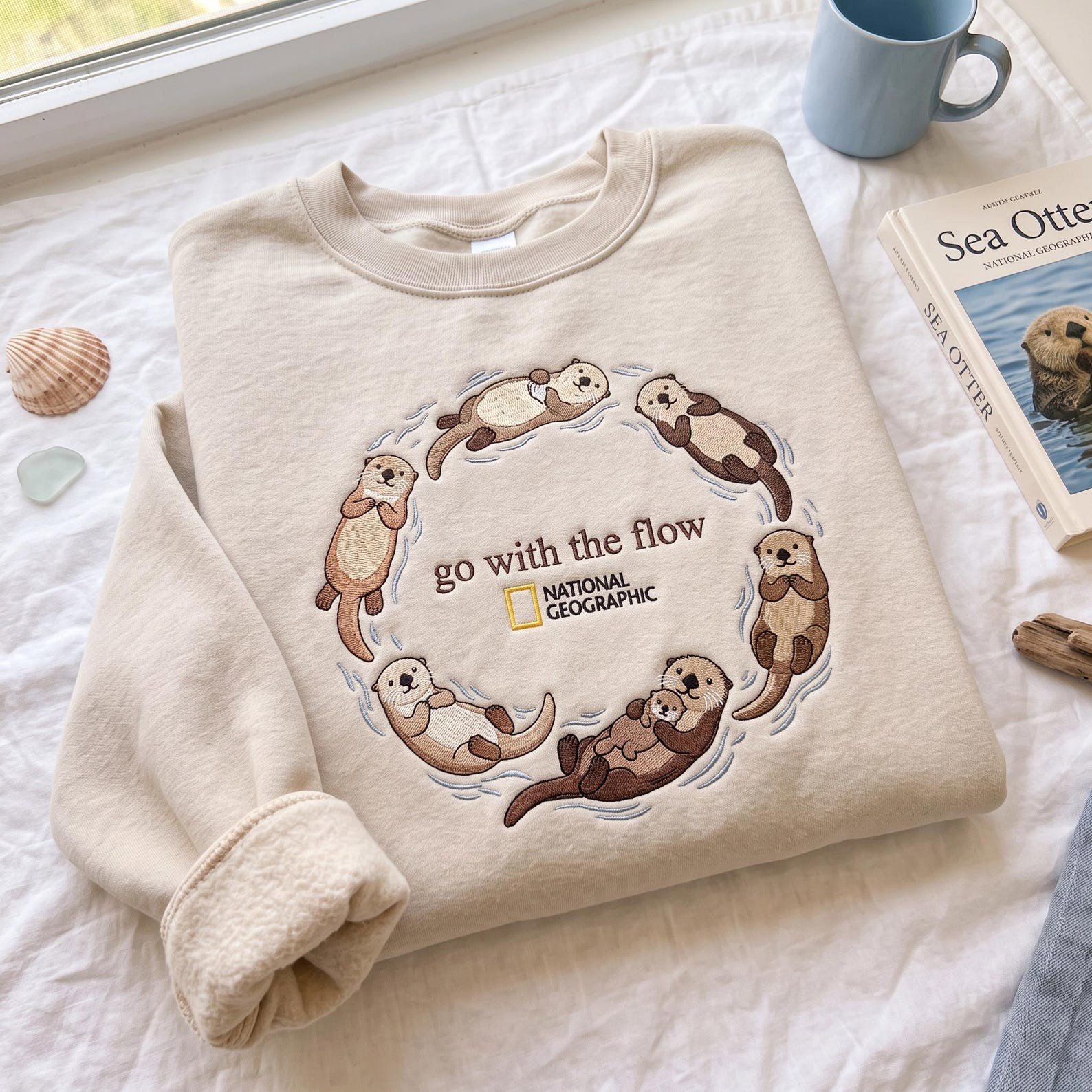 Sea Otter Embroidered Sweatshirt, Go With The Flow Otter Crewneck, Cute Marine Mammal Shirt, Ocean Wildlife Lover Gift 2