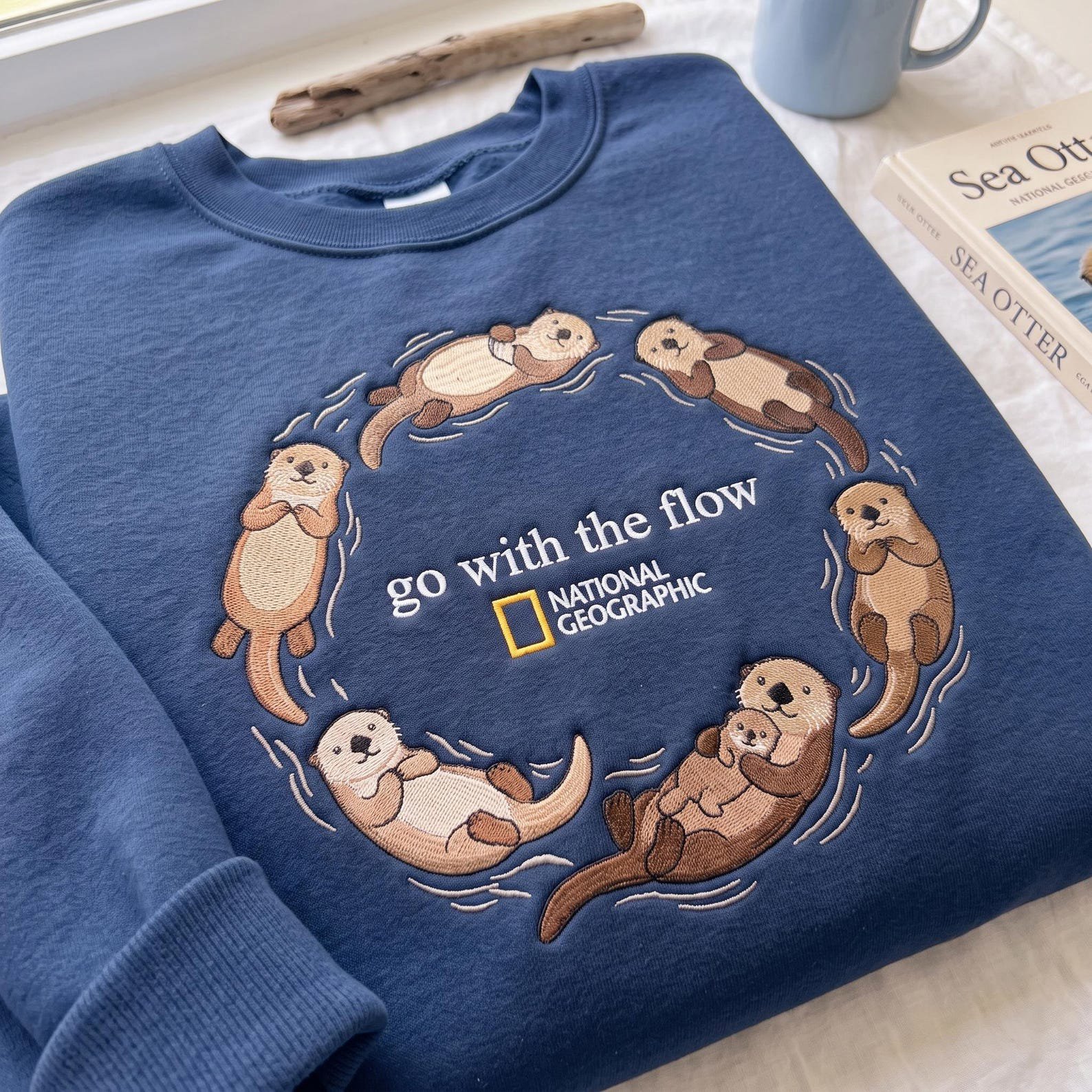 Sea Otter Embroidered Sweatshirt, Go With The Flow Otter Crewneck, Cute Marine Mammal Shirt, Ocean Wildlife Lover Gift 3