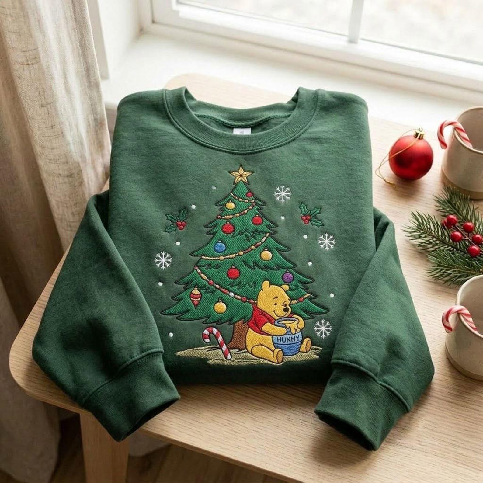 Winnie the Pooh Christmas Sweatshirt, Embroidered Pooh Bear Tree Crewneck, Hunny Pot Holiday Sweater Cozy Christmas Gift 4