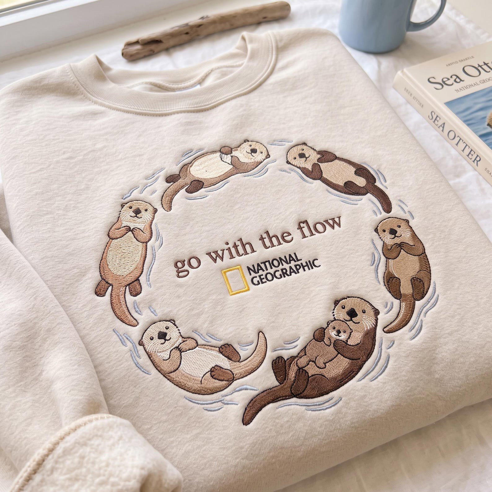 Sea Otter Embroidered Sweatshirt, Go With The Flow Otter Crewneck, Cute Marine Mammal Shirt, Ocean Wildlife Lover Gift 4
