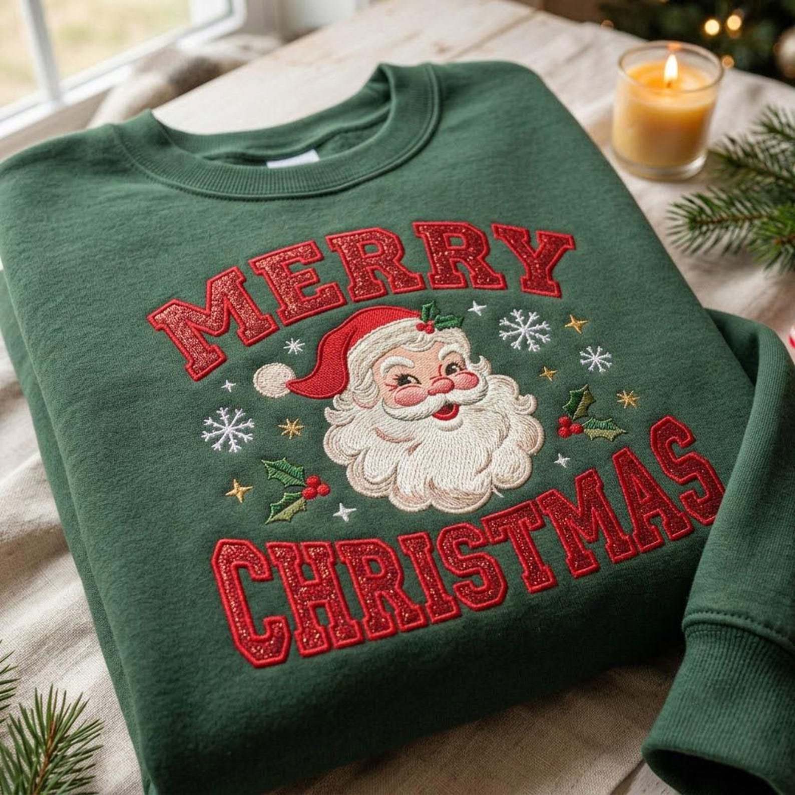 Vintage Santa Christmas Embroidered Sweatshirt, Merry Christmas Crewneck, Retro Santa Claus Holiday Sweater Festive Winter Gift 2