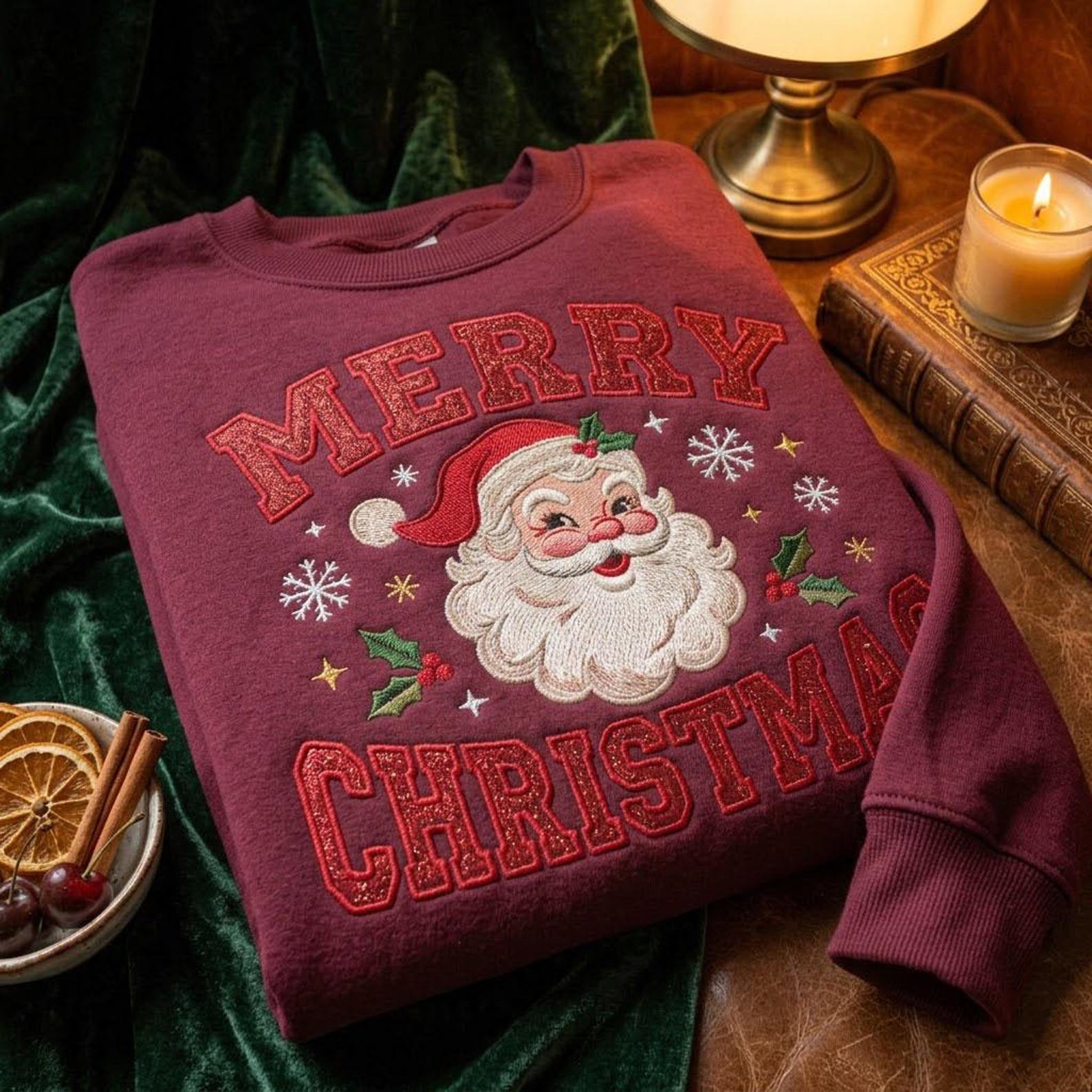 Vintage Santa Christmas Embroidered Sweatshirt, Merry Christmas Crewneck, Retro Santa Claus Holiday Sweater Festive Winter Gift 3