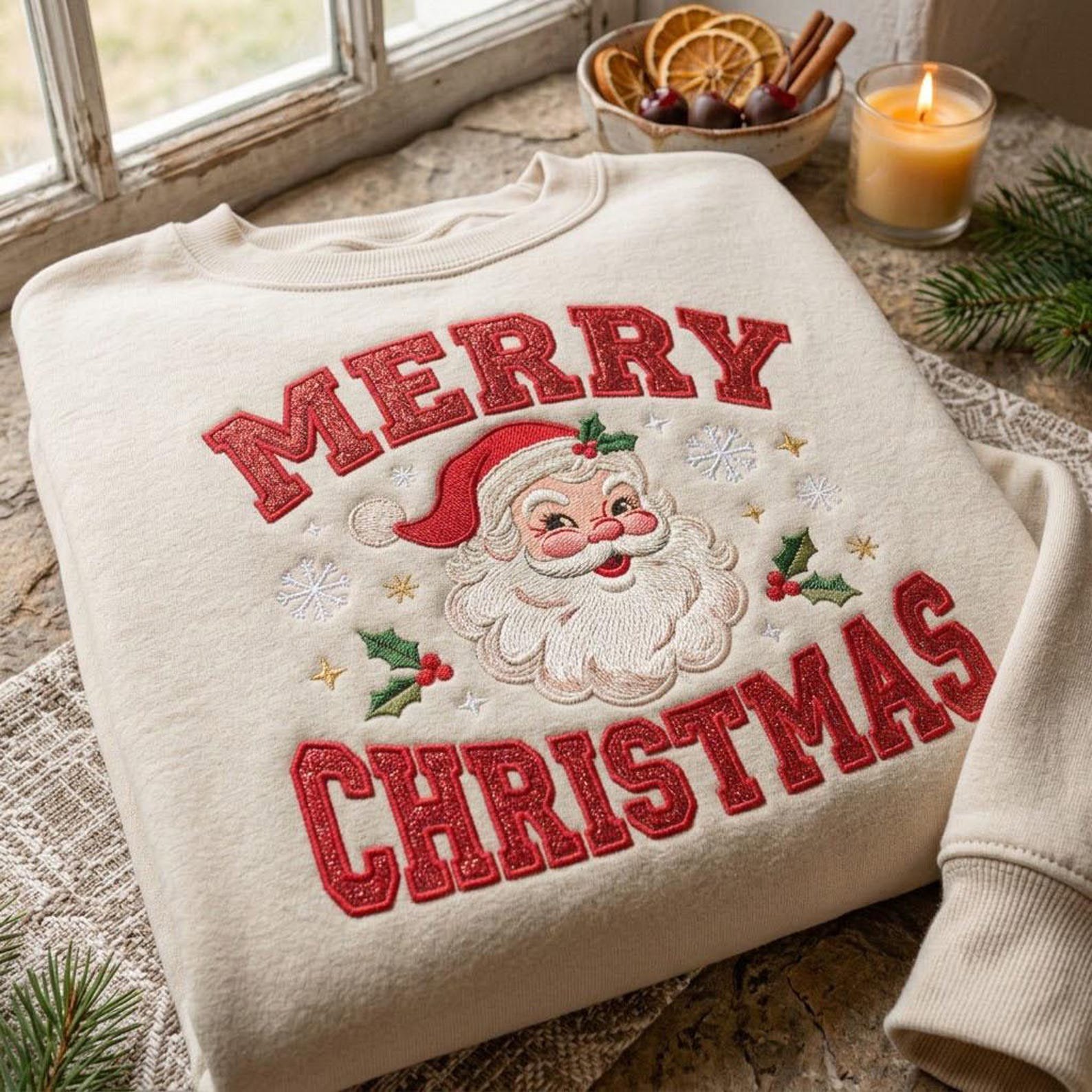 Vintage Santa Christmas Embroidered Sweatshirt, Merry Christmas Crewneck, Retro Santa Claus Holiday Sweater Festive Winter Gift 1
