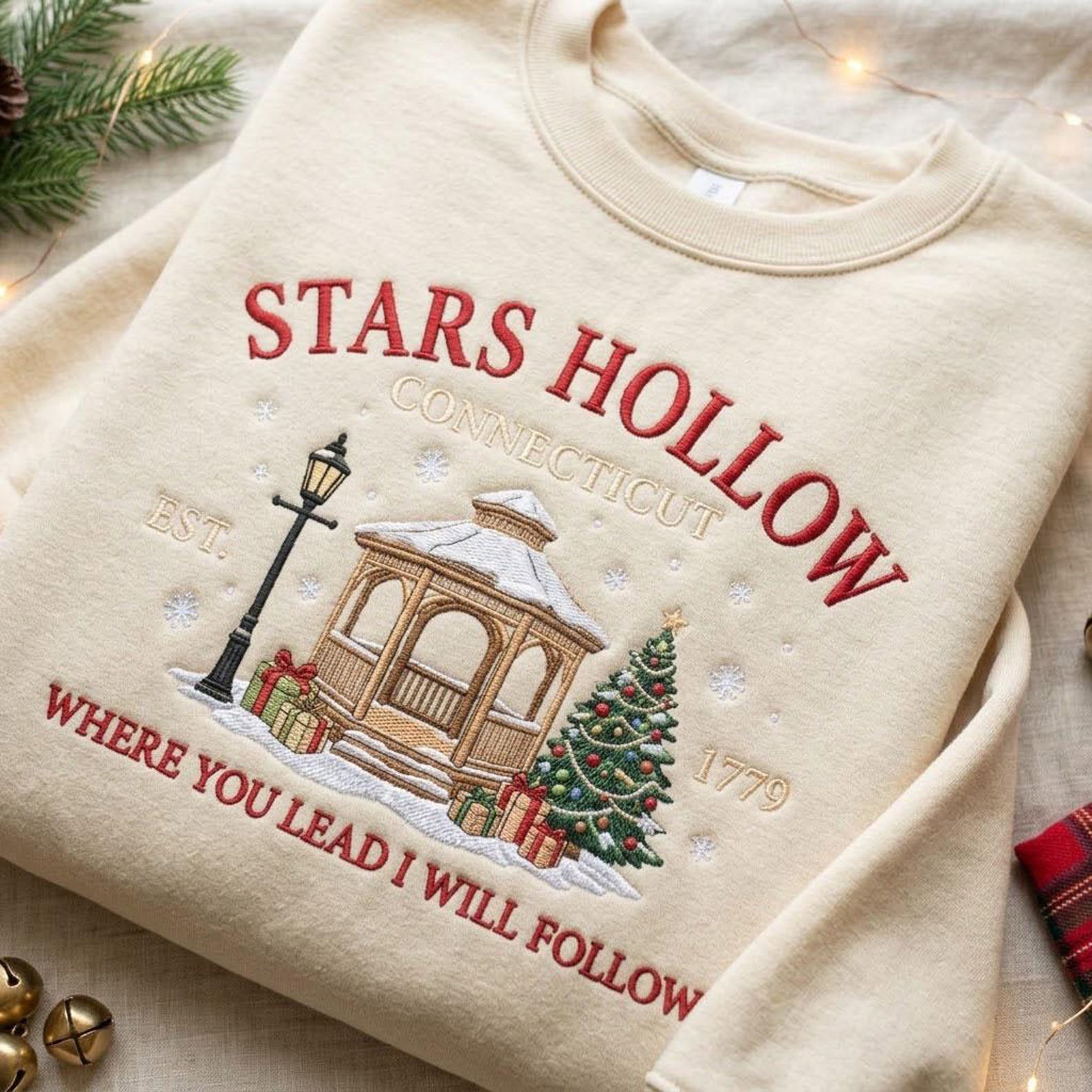 Stars Hollow Christmas Sweatshirt, Embroidered Connecticut Gazebo Crewneck, Cozy Snowy Town Holiday Winter Sweater Gift 2