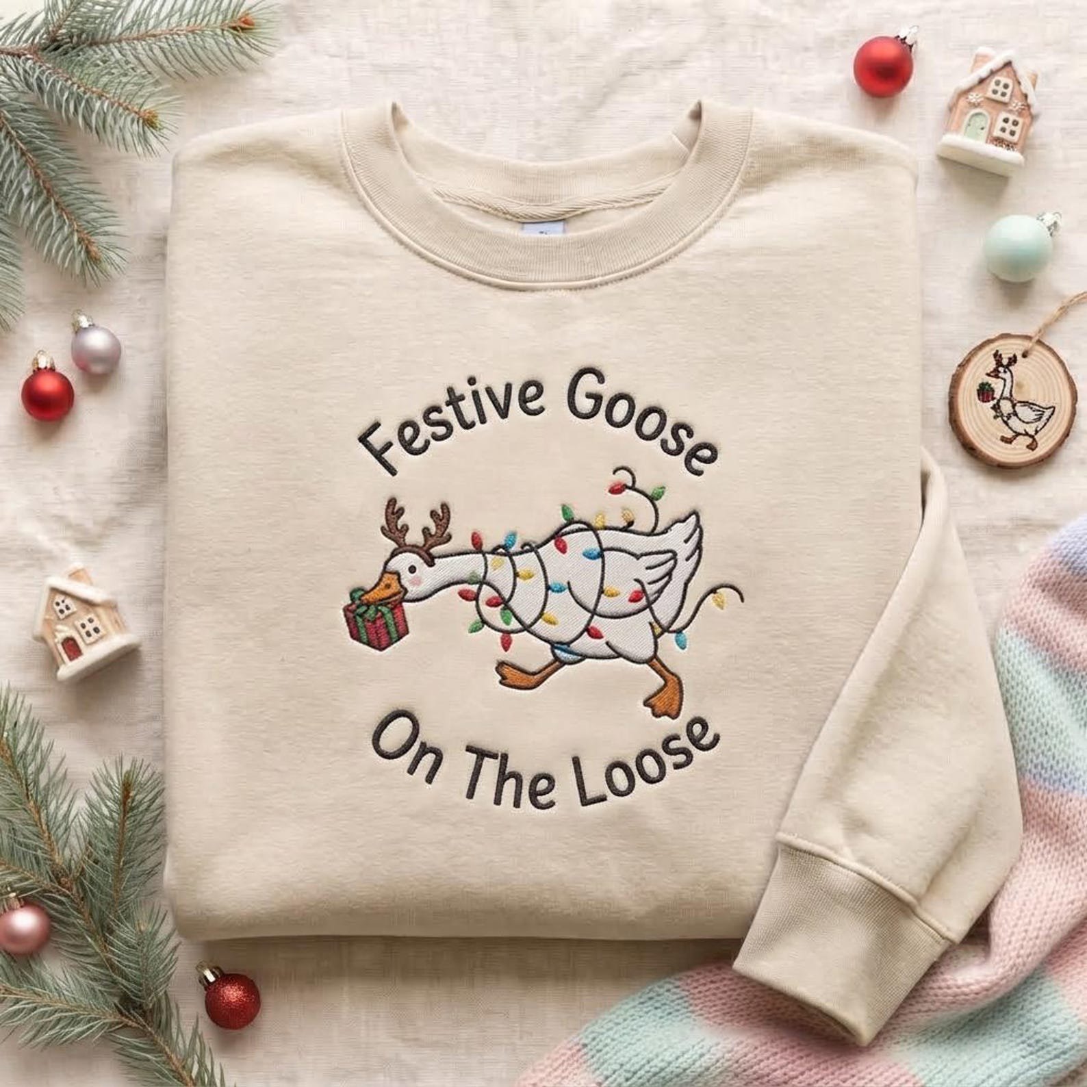 Festive Goose Embroidered Sweatshirt, On The Loose Christmas Goose Crewneck, Funny Holiday Goose Lights Reindeer Sweater Gift 1