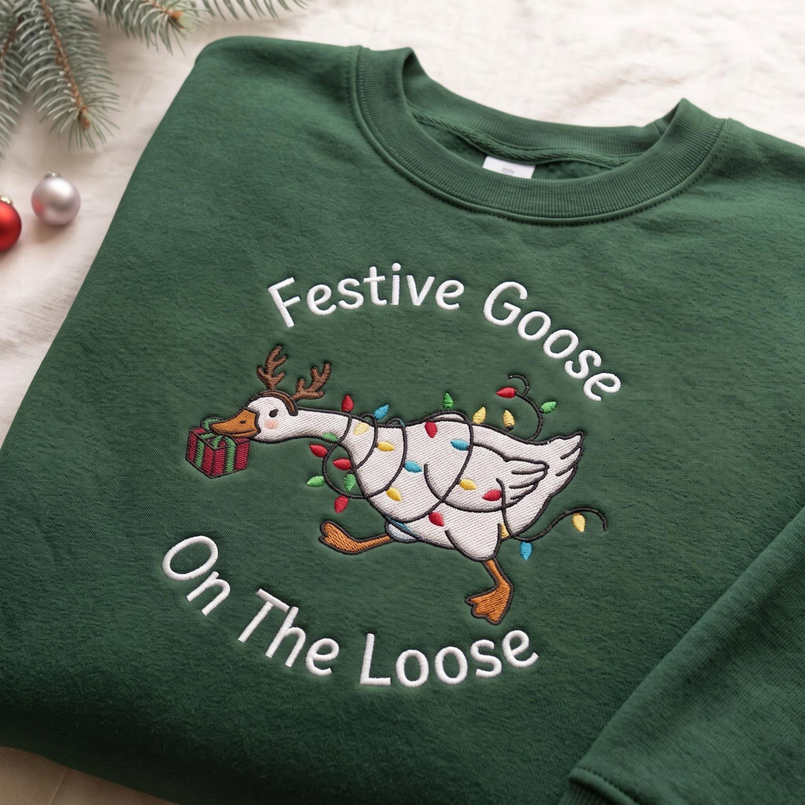 Festive Goose Embroidered Sweatshirt, On The Loose Christmas Goose Crewneck, Funny Holiday Goose Lights Reindeer Sweater Gift 2