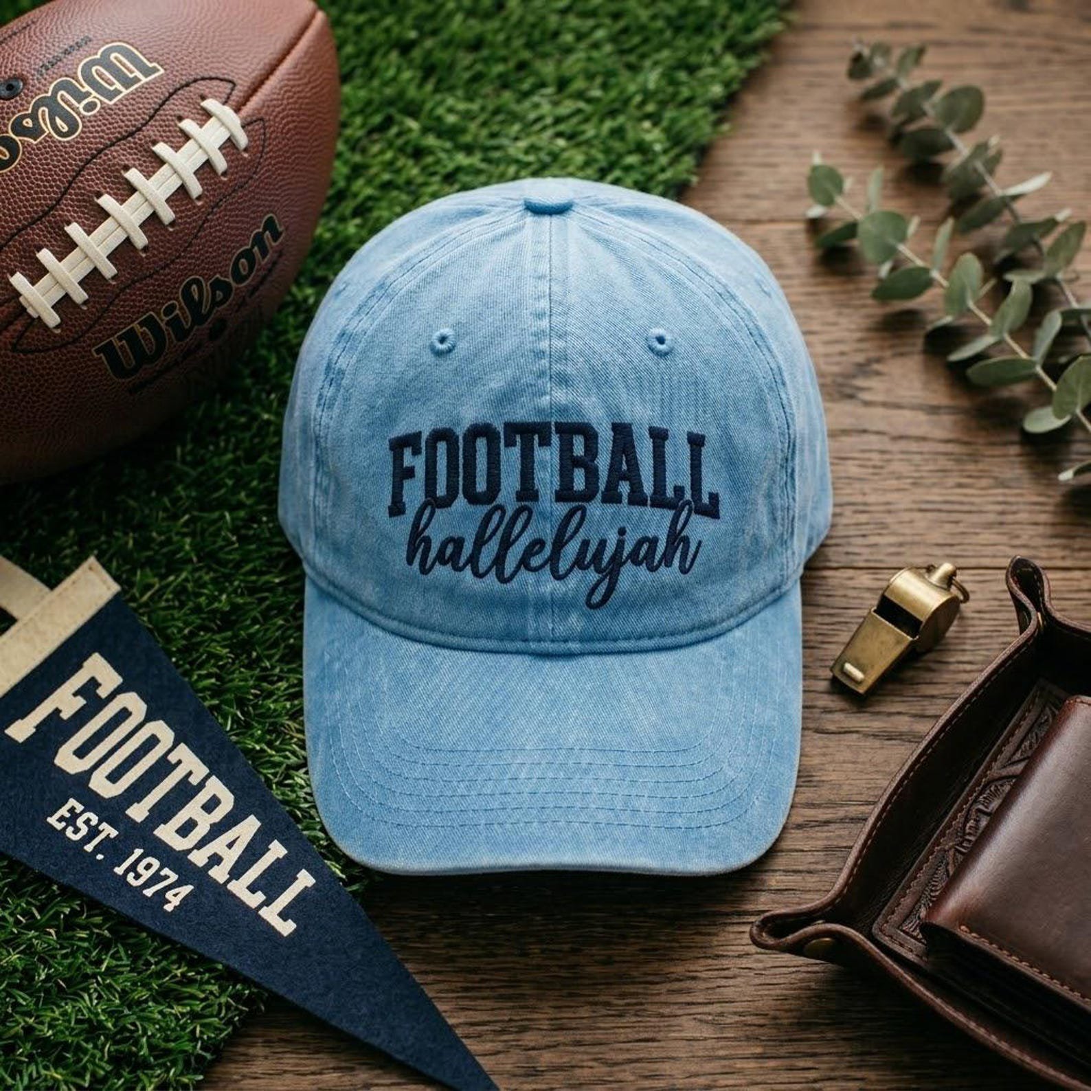 Embroidered Football Hat, Hallelujah Game Day Cap, Vintage Washed Baseball Hat, Tailgate Fan Gift 3