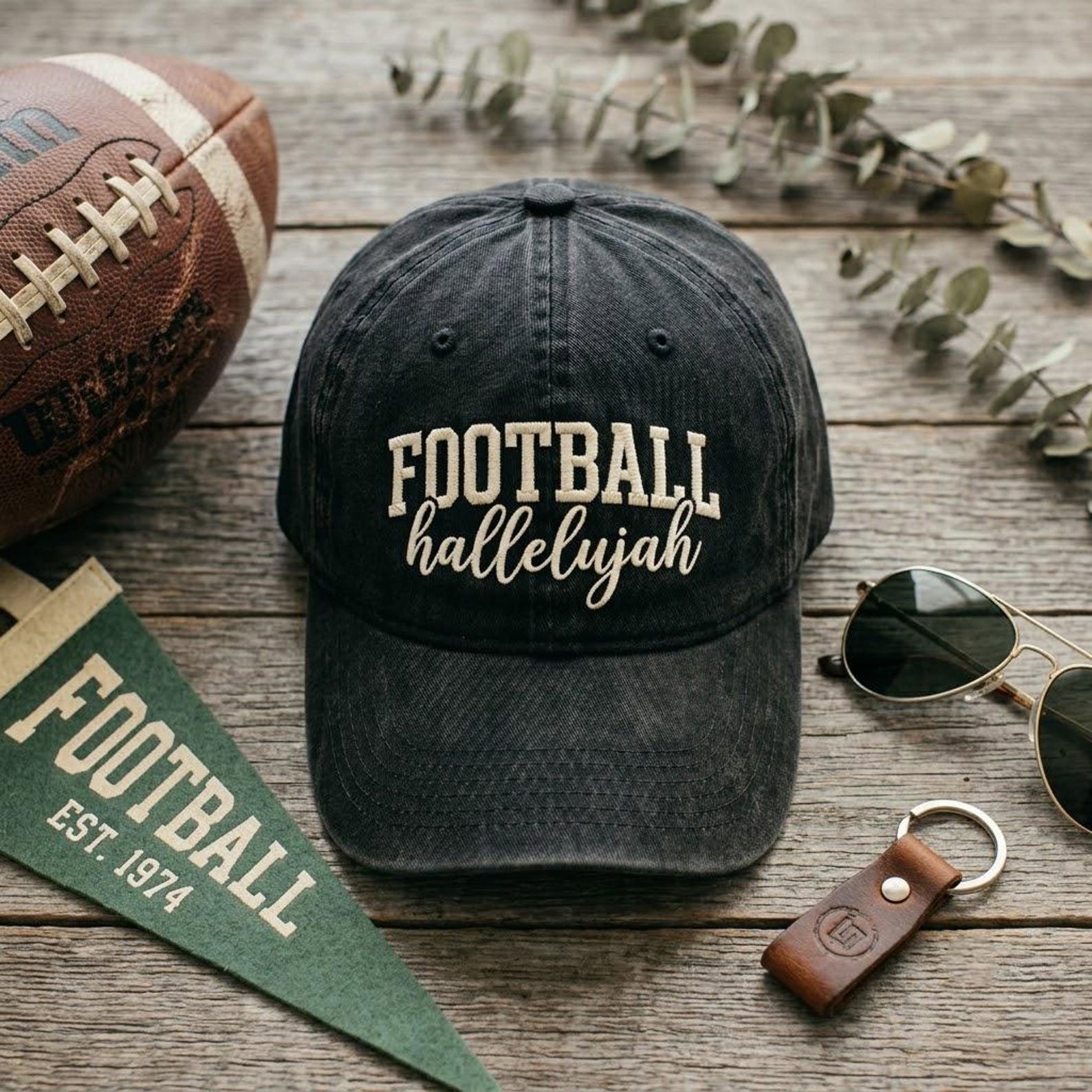 Embroidered Football Hat, Hallelujah Game Day Cap, Vintage Washed Baseball Hat, Tailgate Fan Gift 4
