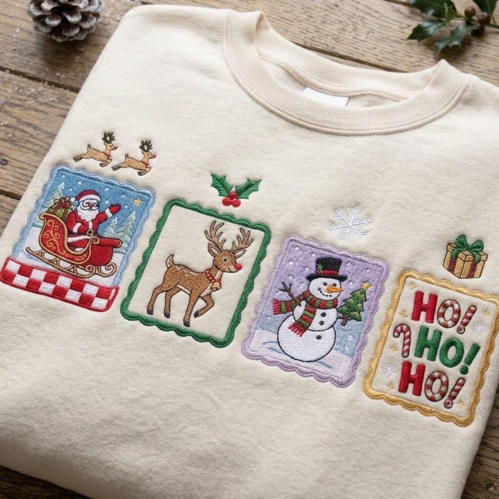 Vintage Christmas Embroidered Sweatshirt, Santa Reindeer Snowman Ho Ho Ho Crewneck, Retro Holiday Patchwork Christmas Gift Shirt 2