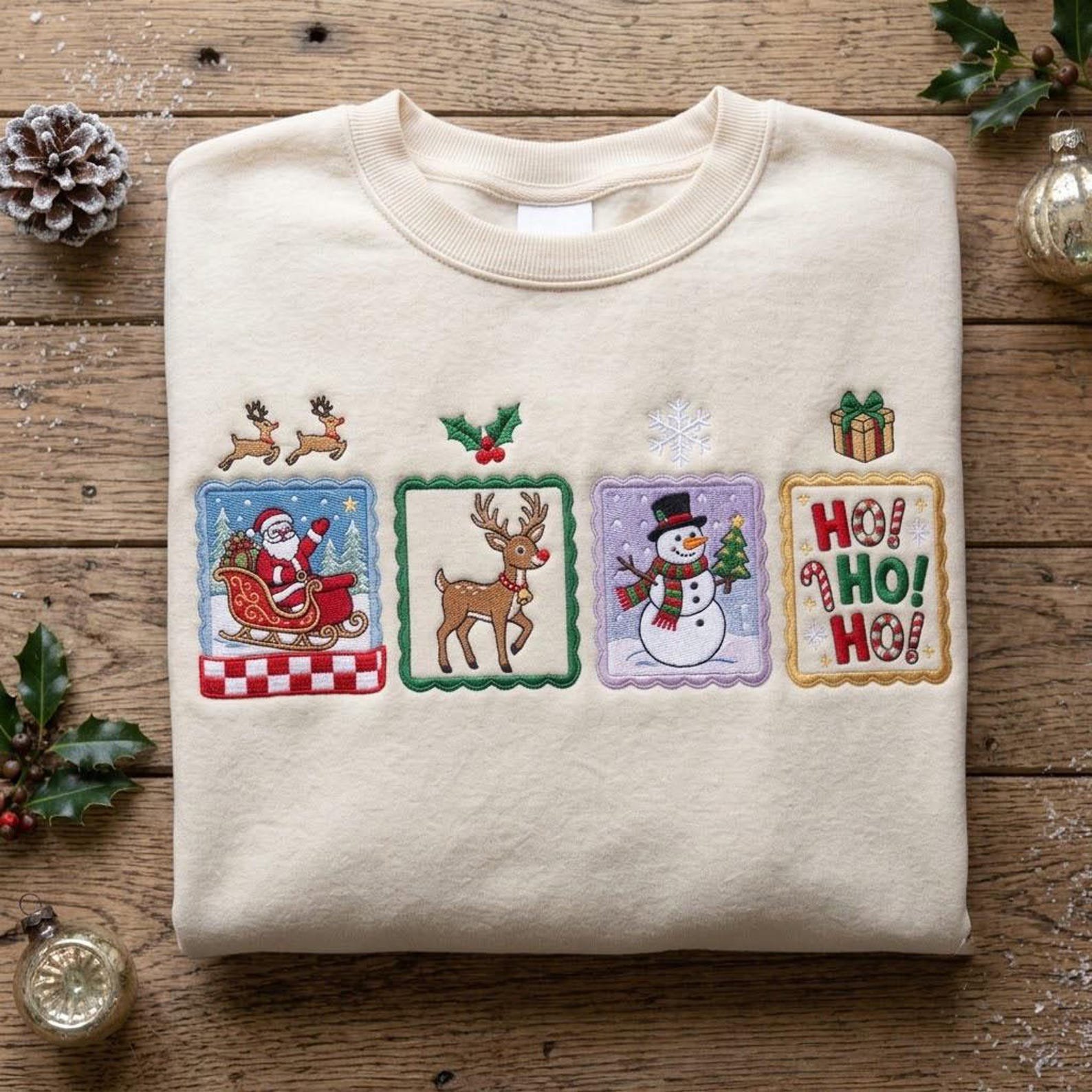 Vintage Christmas Embroidered Sweatshirt, Santa Reindeer Snowman Ho Ho Ho Crewneck, Retro Holiday Patchwork Christmas Gift Shirt 1