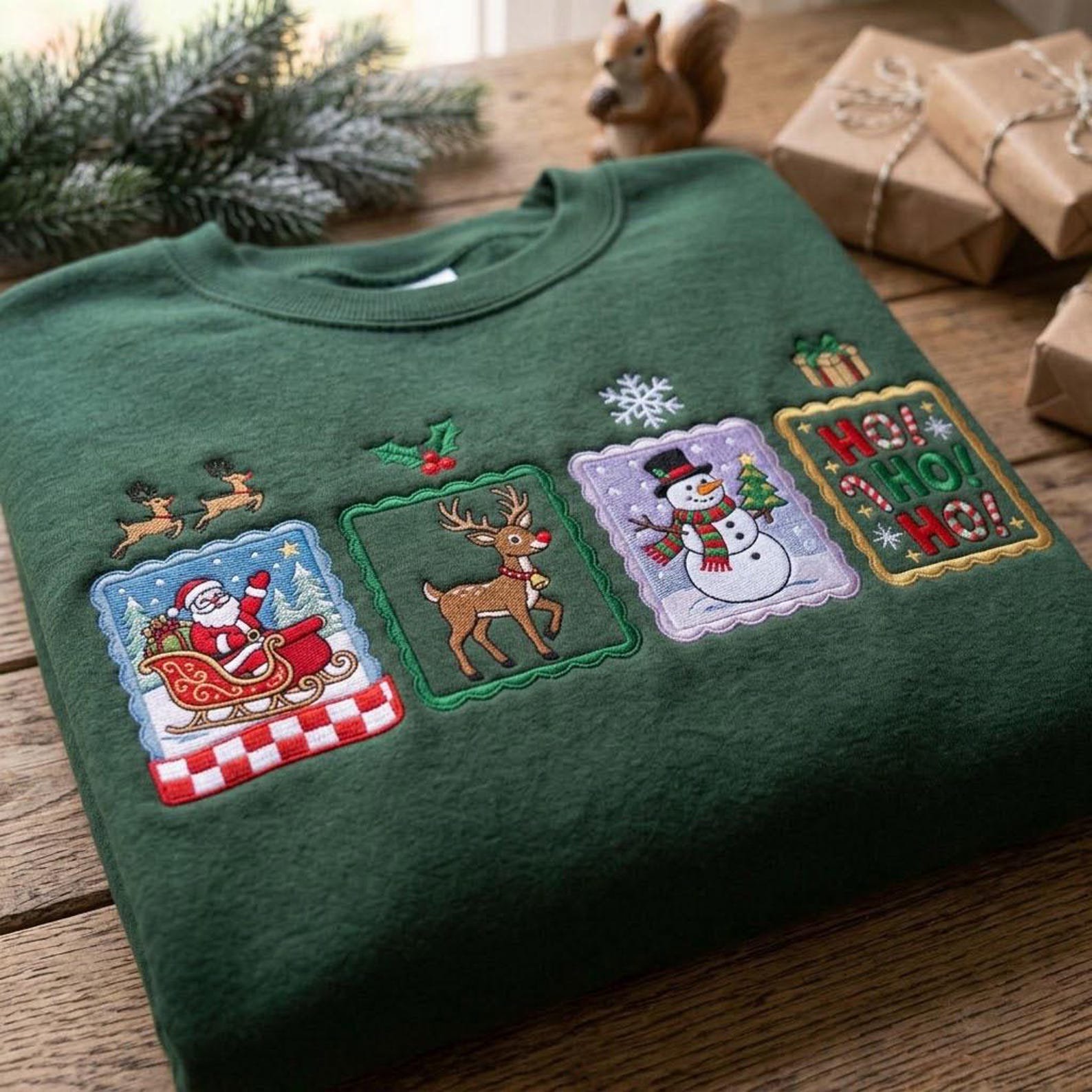 Vintage Christmas Embroidered Sweatshirt, Santa Reindeer Snowman Ho Ho Ho Crewneck, Retro Holiday Patchwork Christmas Gift Shirt 4