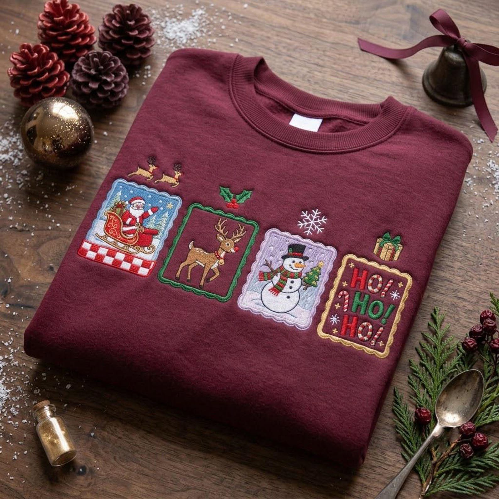 Vintage Christmas Embroidered Sweatshirt, Santa Reindeer Snowman Ho Ho Ho Crewneck, Retro Holiday Patchwork Christmas Gift Shirt 3