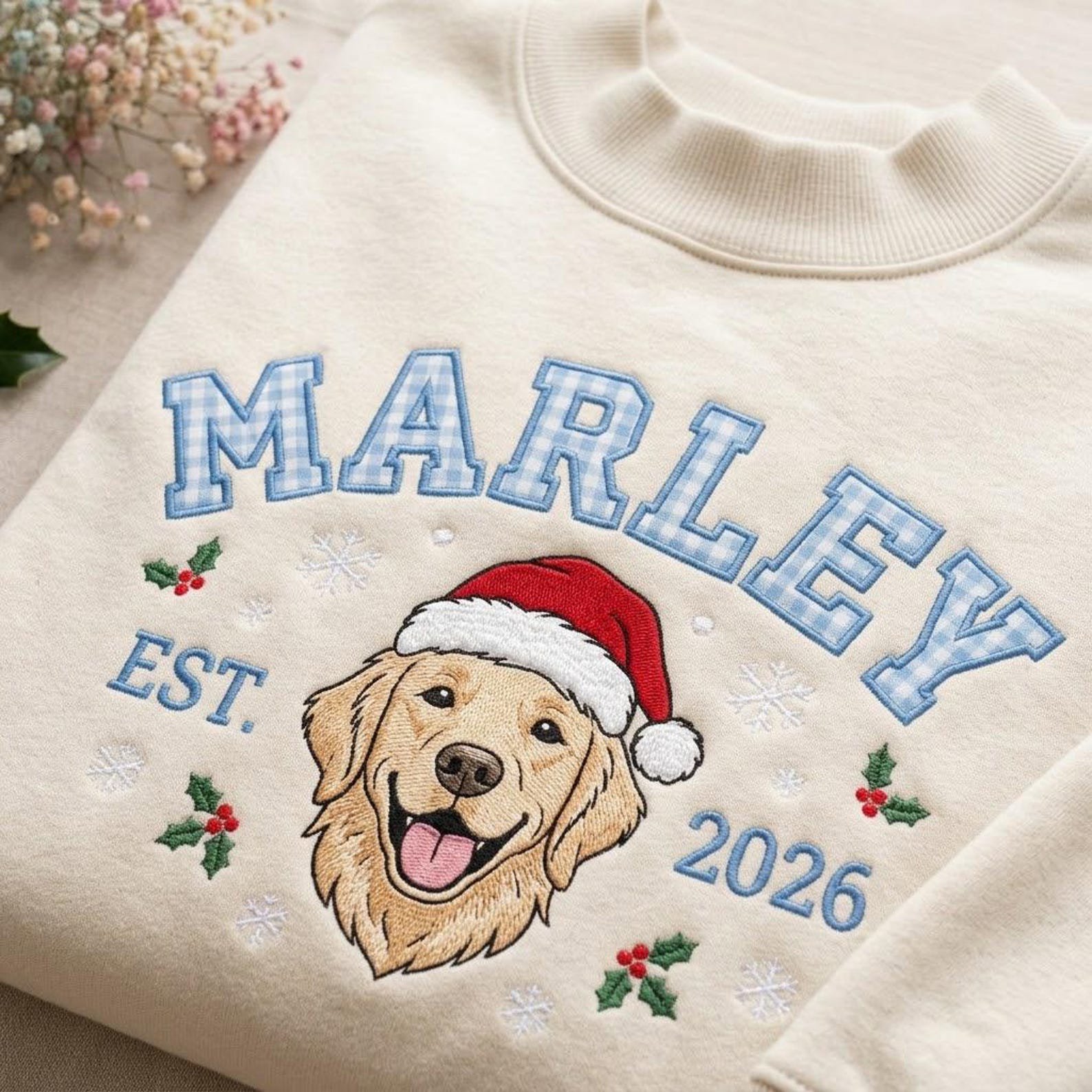 Christmas Cat Mock Neck Sweatshirt, Embroidered Santa Kitty Crewneck, Plaid Letter Holiday Cat Shirt, Festive Cat Lover Gift 2