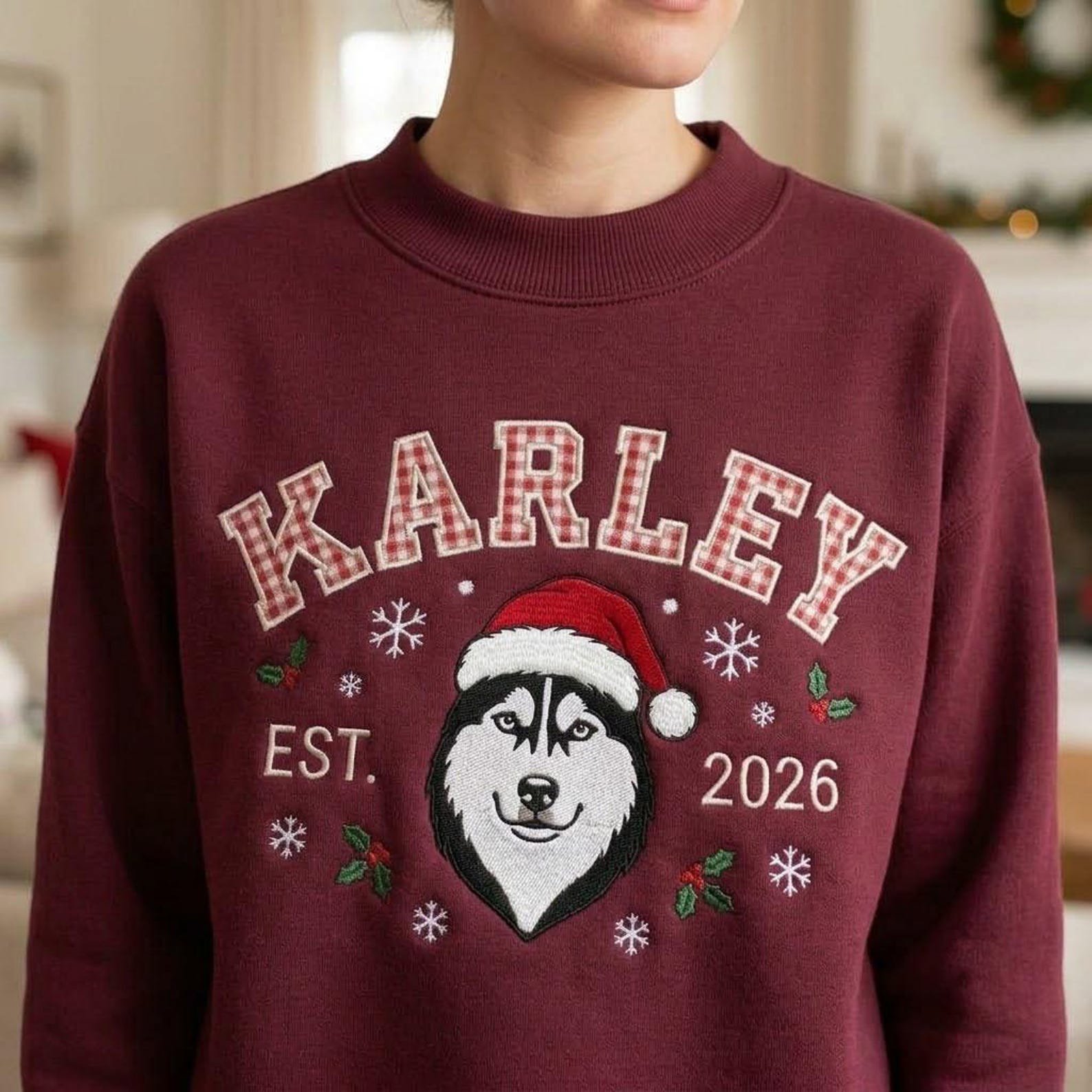 Christmas Cat Mock Neck Sweatshirt, Embroidered Santa Kitty Crewneck, Plaid Letter Holiday Cat Shirt, Festive Cat Lover Gift 6