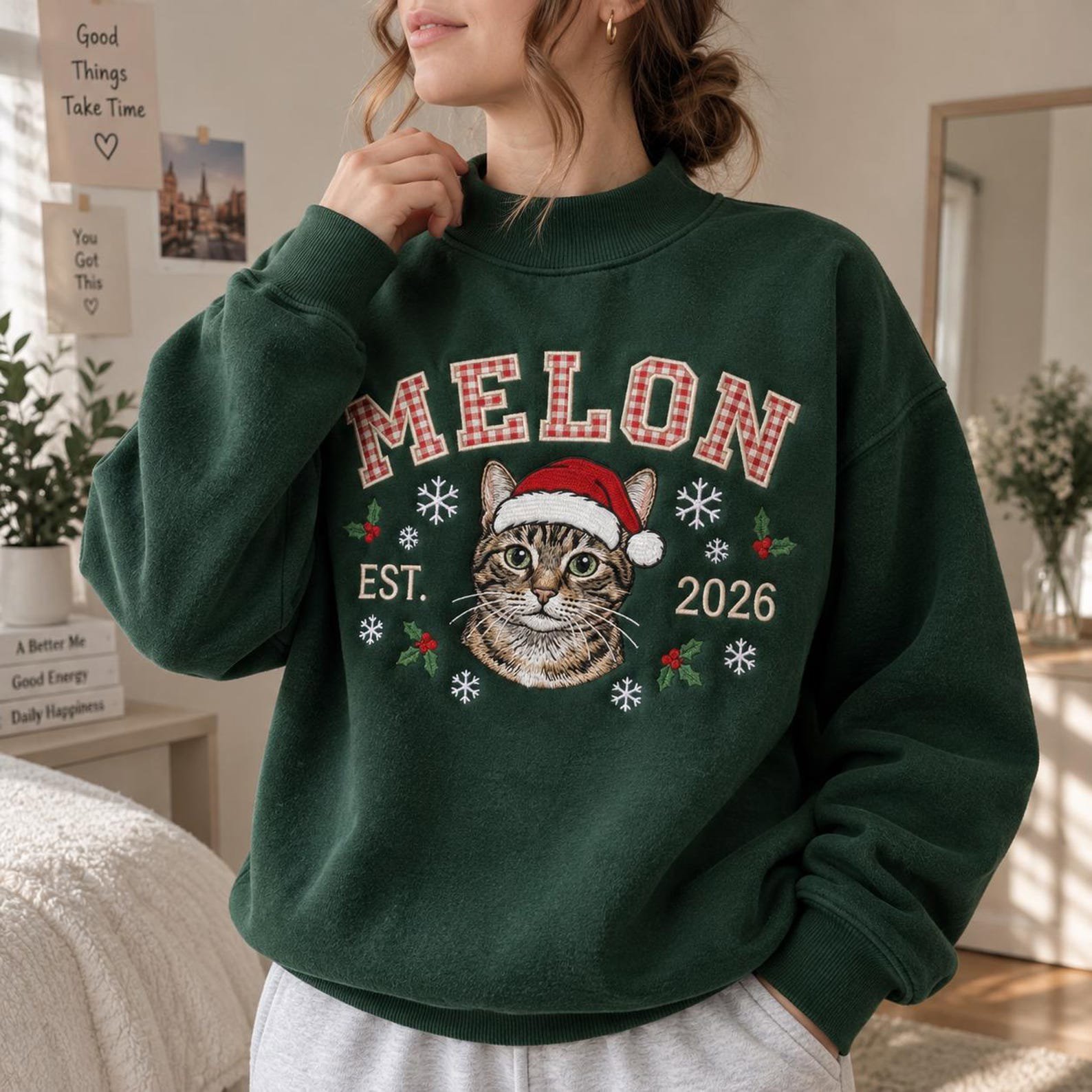 Christmas Cat Mock Neck Sweatshirt, Embroidered Santa Kitty Crewneck, Plaid Letter Holiday Cat Shirt, Festive Cat Lover Gift 7